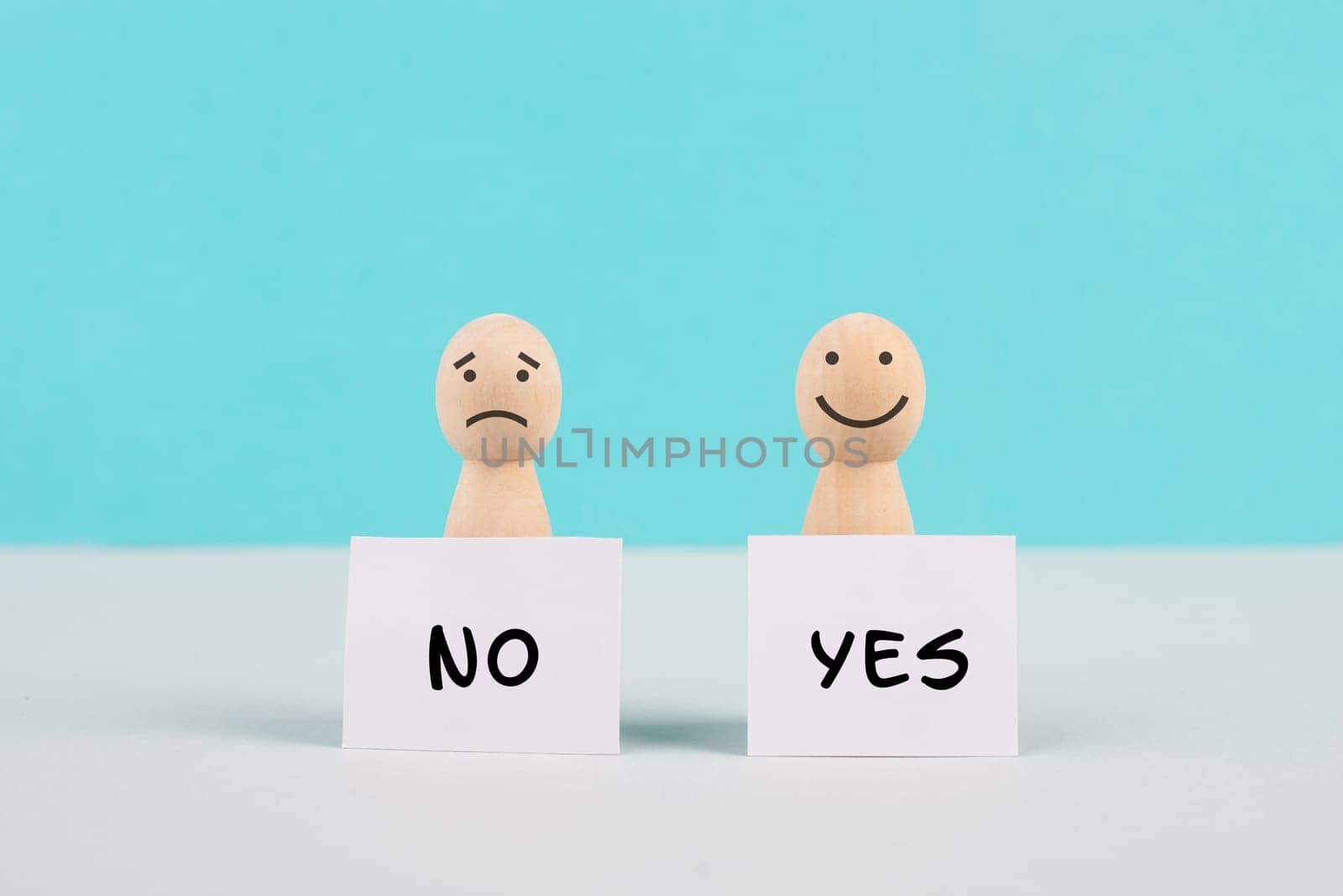 Men holding signs with the words yes and no, communication between people, business and education concept, minimalism, asking questions, looking for an answer