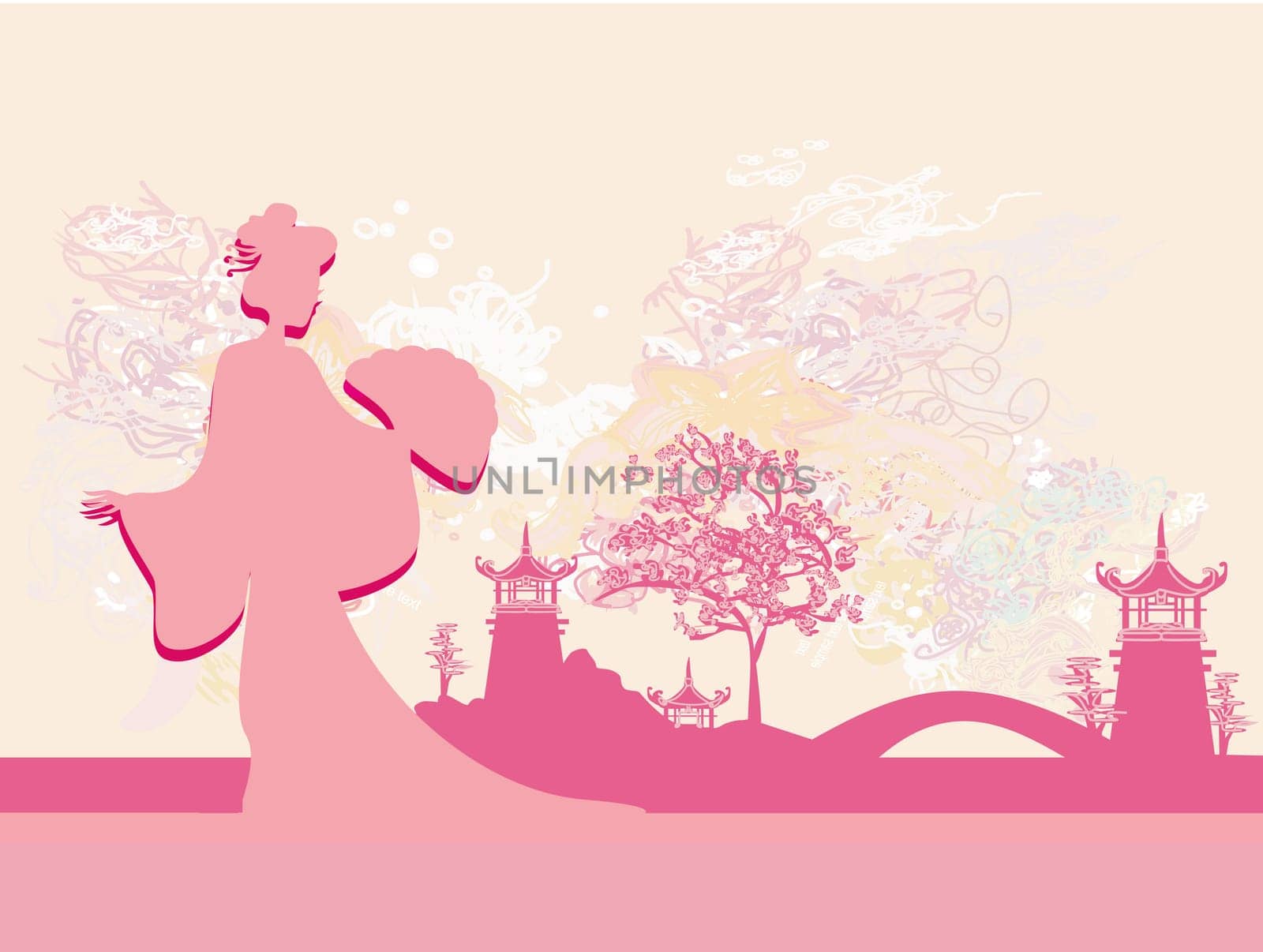 old paper with geisha silhouette on Asian Landscape