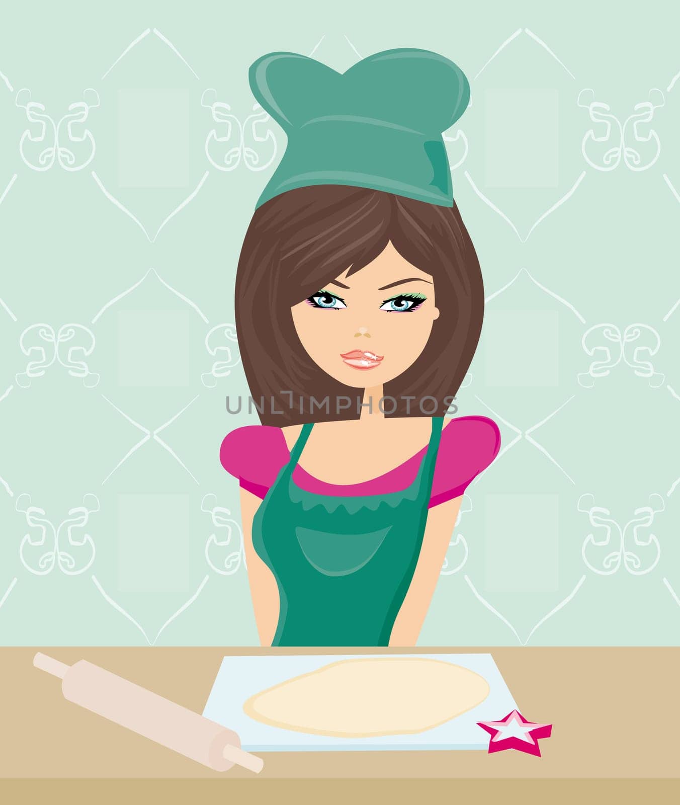 Beautiful lady cooking cookies on dessert in the kitchen