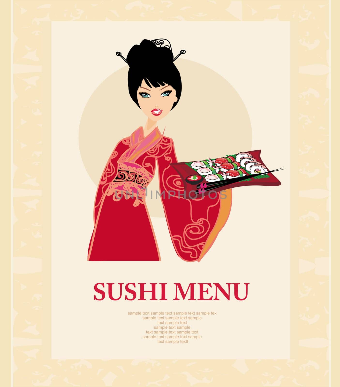 beautiful Asian girl enjoy sushi - menu template