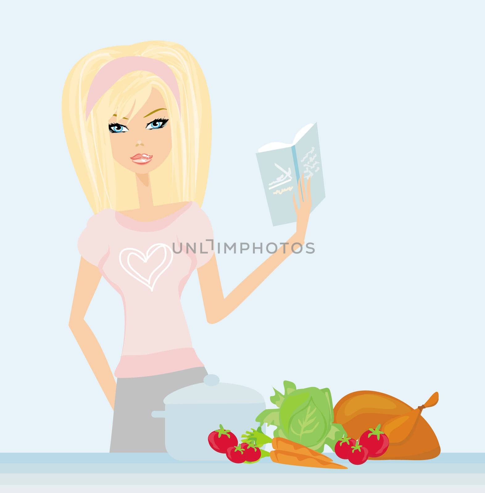 Beautiful lady cooking with cookingbook in the kitchen