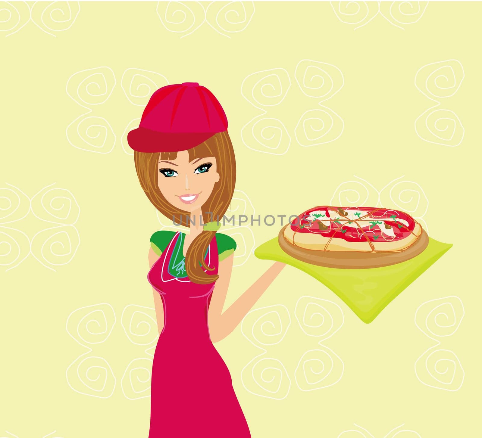 beautiful woman waitress enjoys pizza