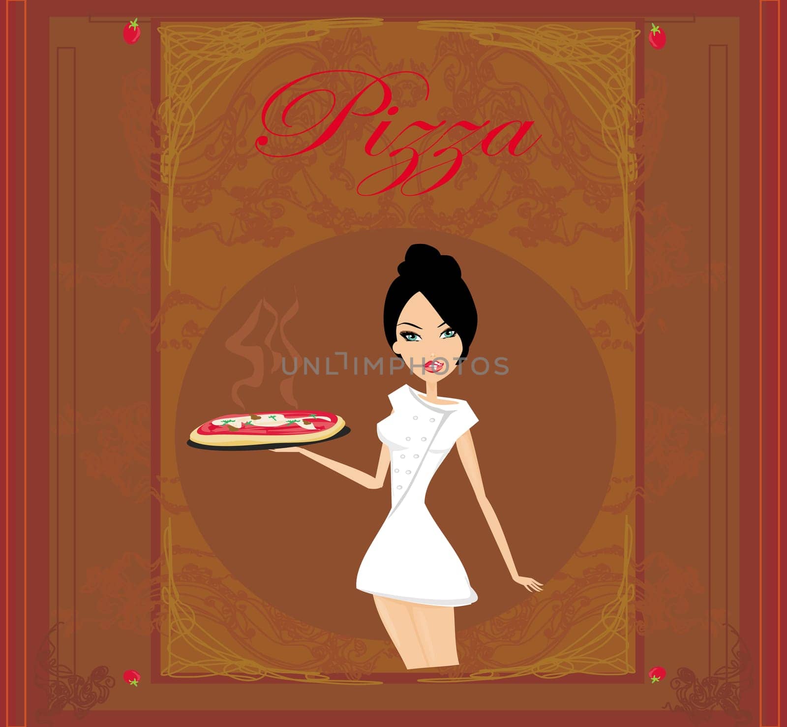 beautiful woman waitress enjoys pizza - menu