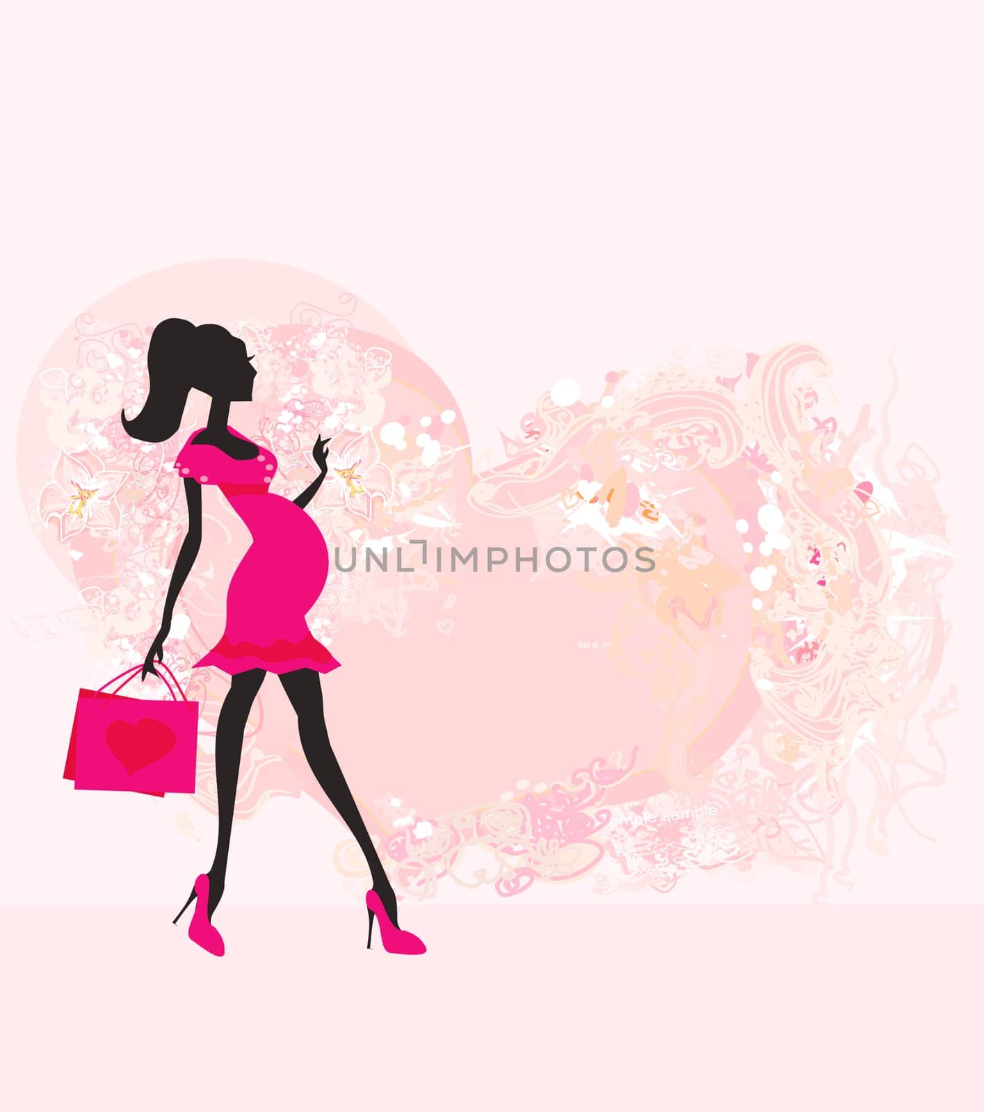 Beautiful pregnant woman on shopping for her new baby- abstract background