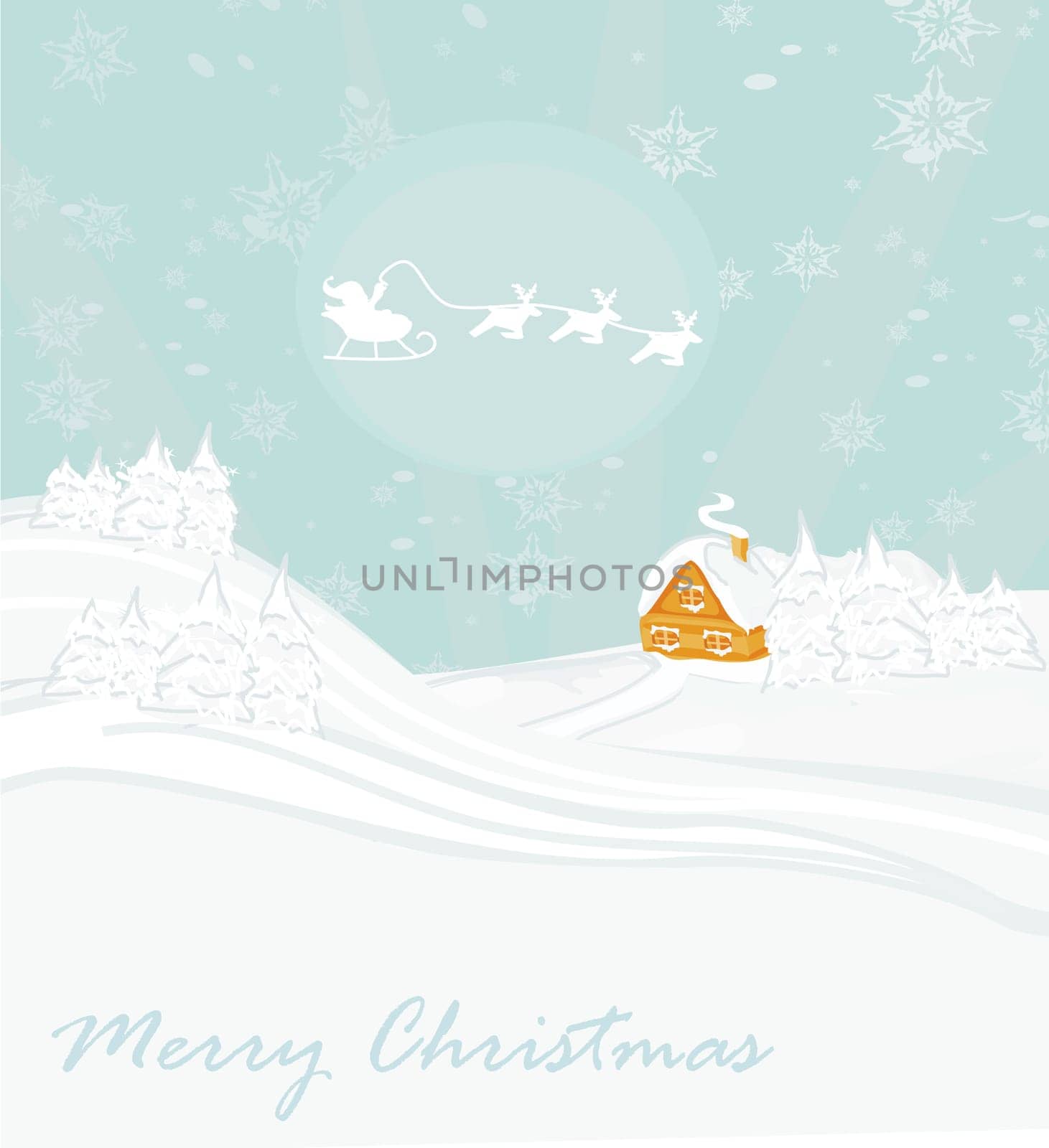 Happy New year card with Santa and winter landscape