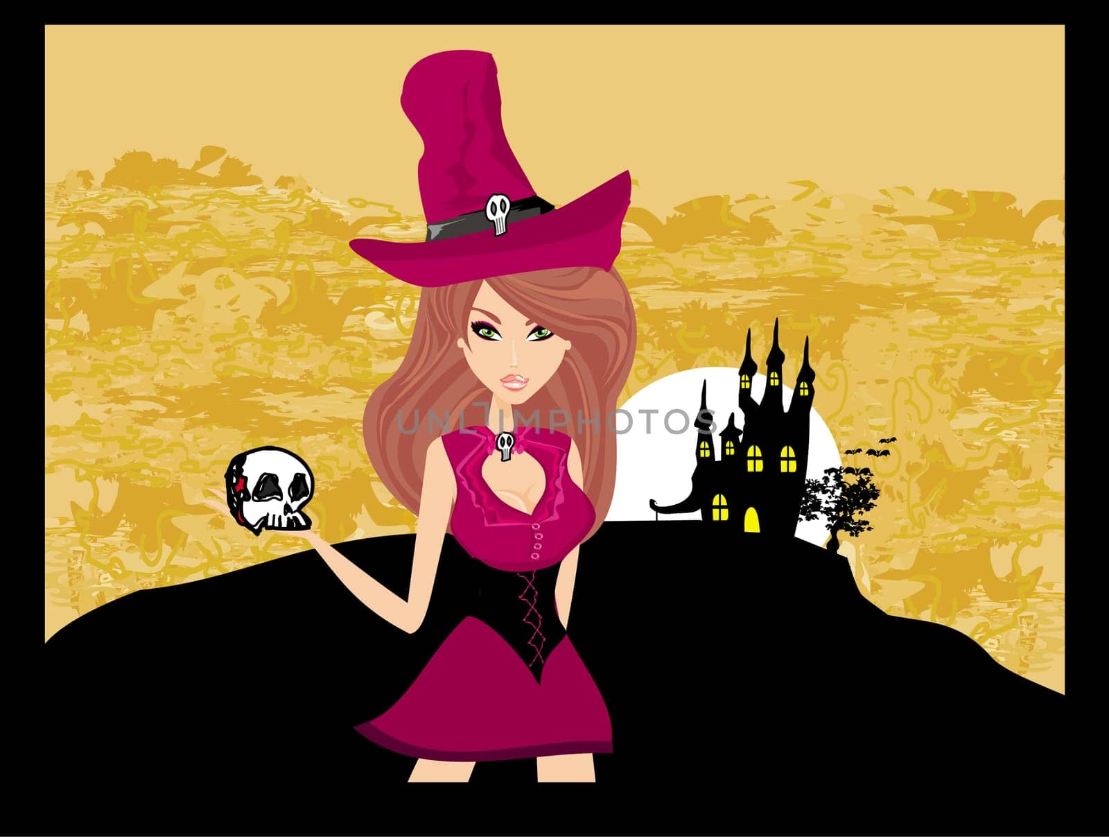 Halloween witch standing with skull