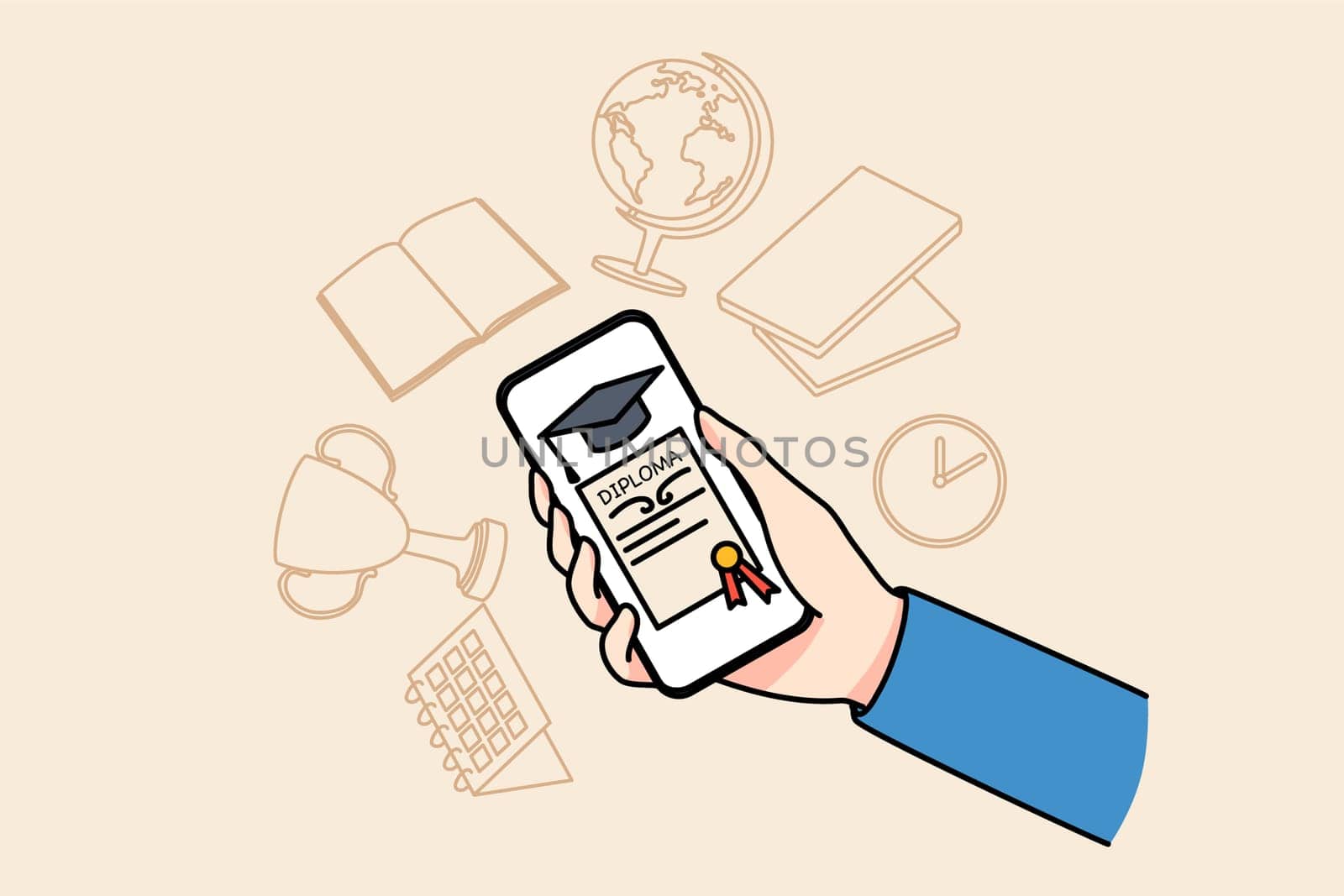 Person holding cellphone with virtual diploma graduate university on web. Student finish online studying or courses. Remote education concept. Flat vector illustration.