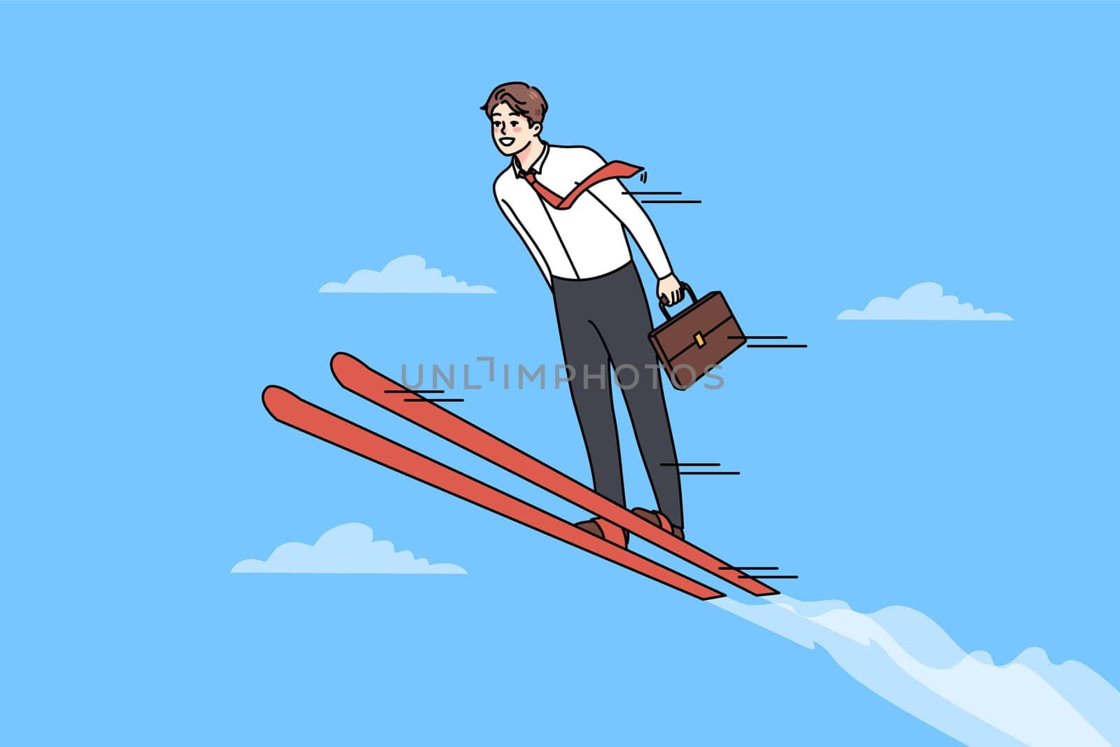 Businessman on ski jump high achieve work success or goals. Smiling man employee or worker strive for career promotion of job progress. Achievement concept. Vector illustration.