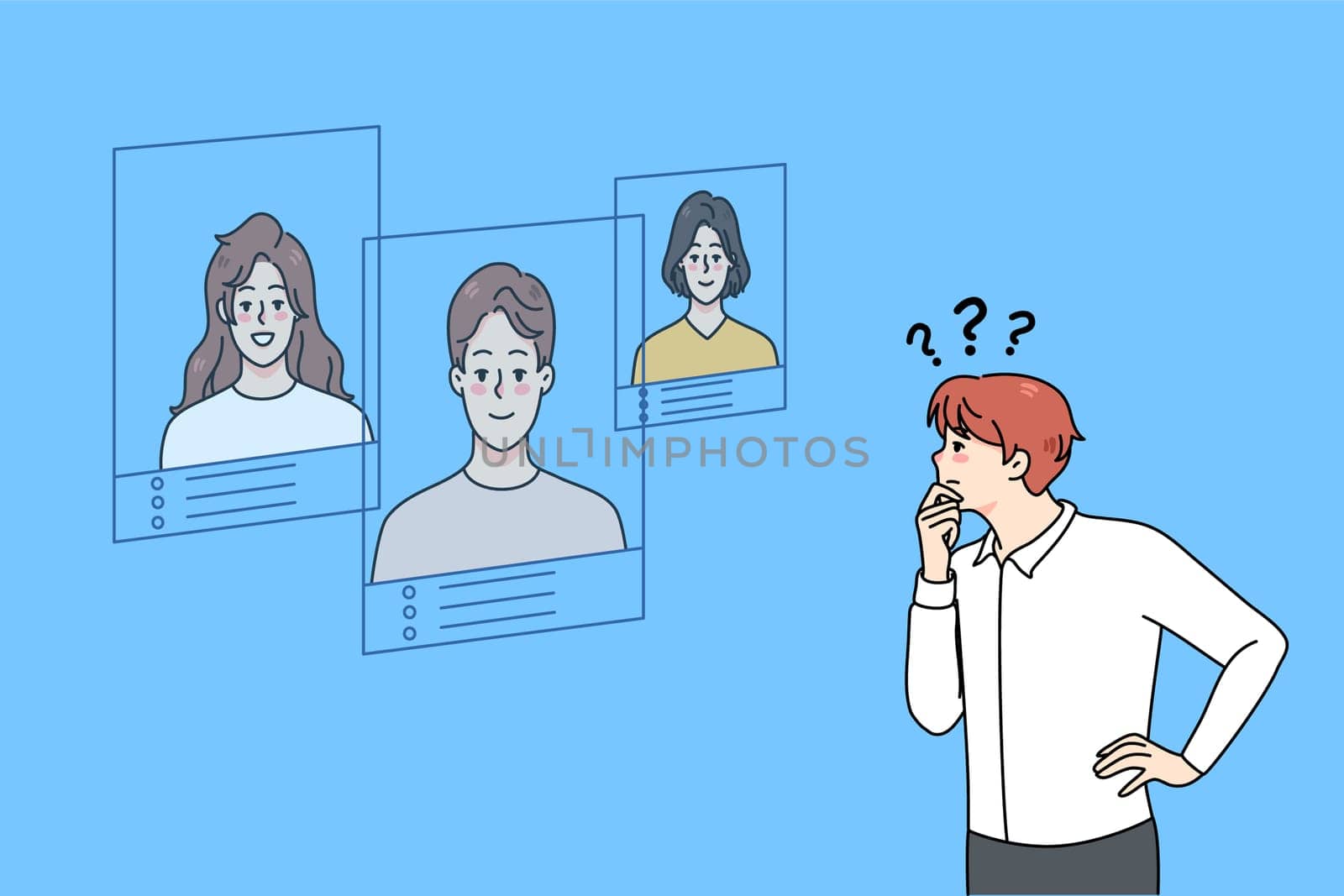 Confused businessman look at applicant CV think of employee candidature. Frustrated man employer consider job candidates resume. Hiring and employment. Vector illustration.