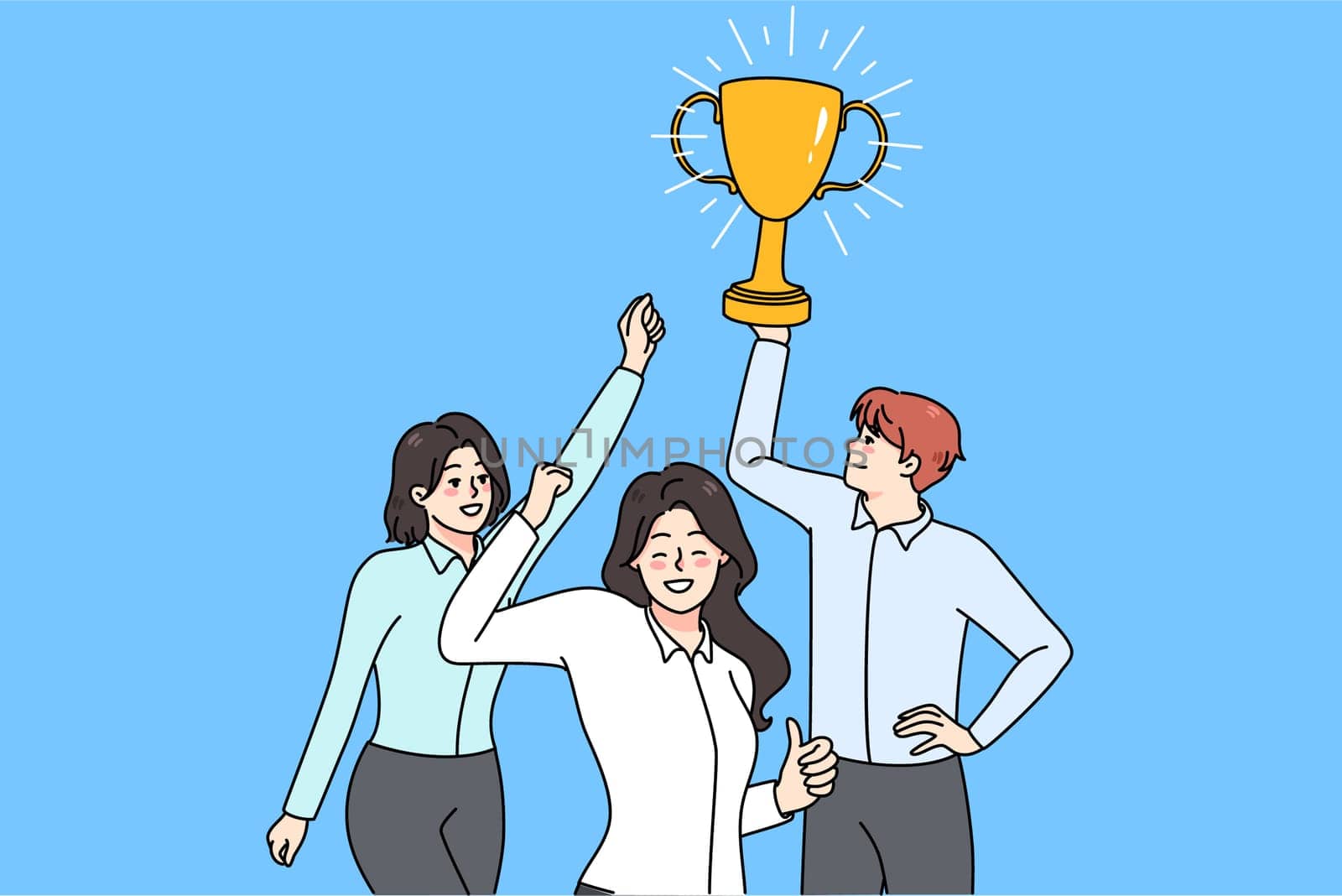 Overjoyed work team hold golden price celebrate shared win. Smiling diverse employee with award reach business success or goal together. Teamwork and partnership. Vector illustration.