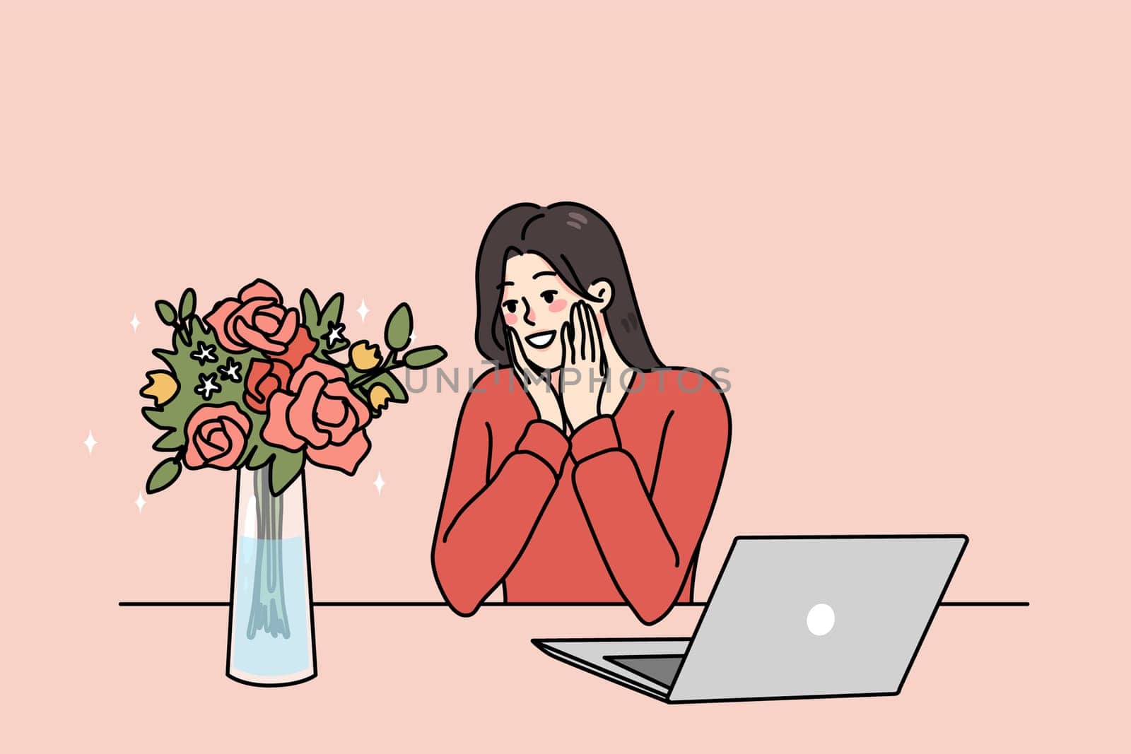 Happy young woman sit at table in office pleasantly surprised by flower delivery from secret admirer. Smiling girl stunned with romantic gift bouquet. Romance and affection. Vector illustration.