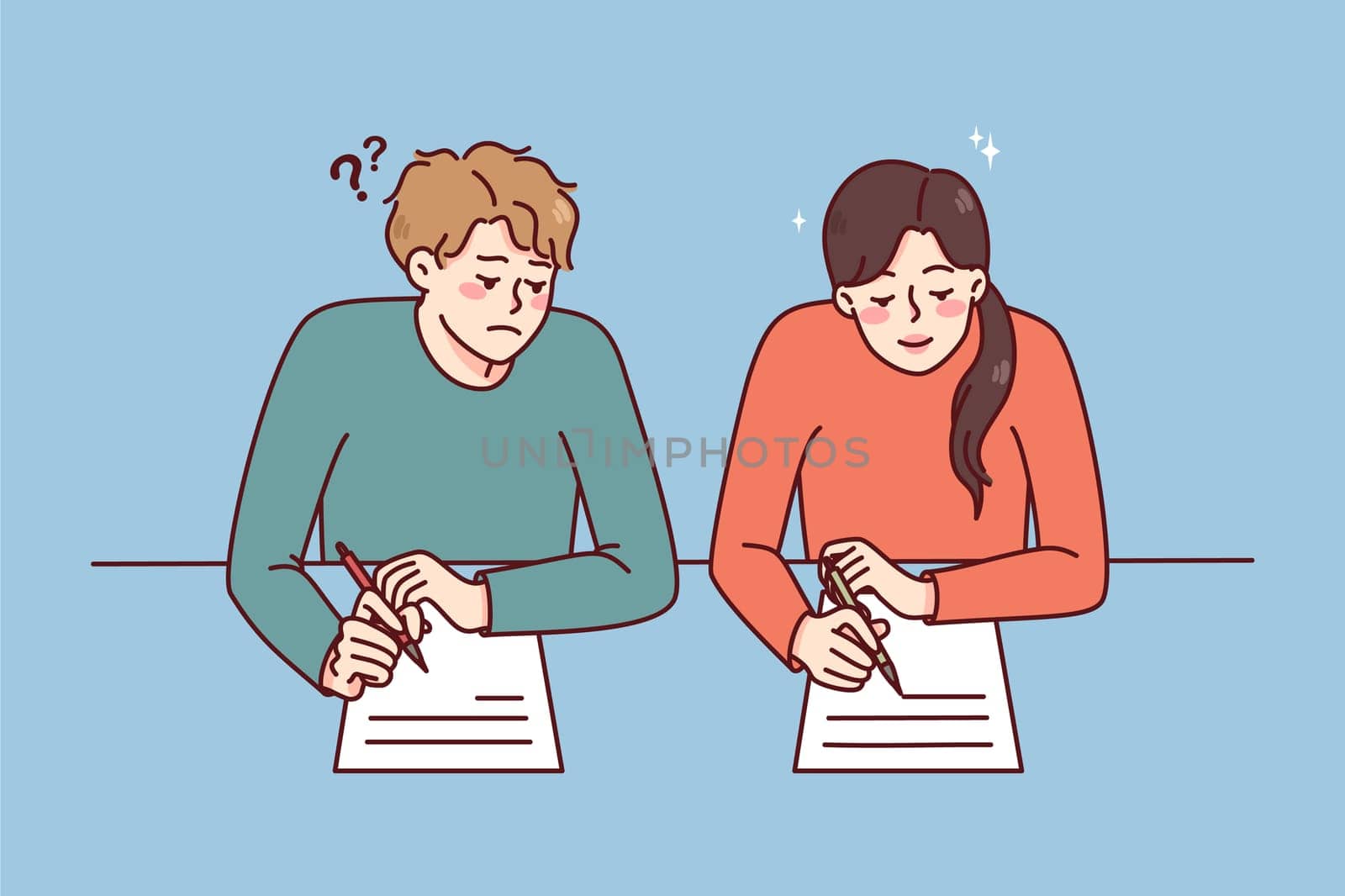 Boy cheating on school exam copy answers from female classmate. Schoolchildren with papers on examination during test. Flat vector illustration.