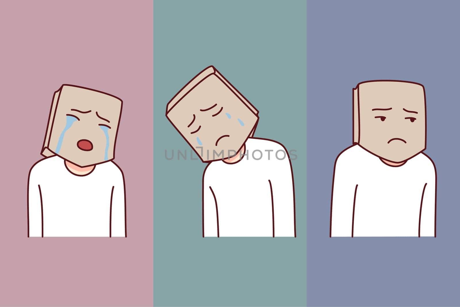 Person head in paper bag suffer from psychological mental problems. Man hide emotions struggling from depression or low self-esteem. Emotional instability. Vector illustration.
