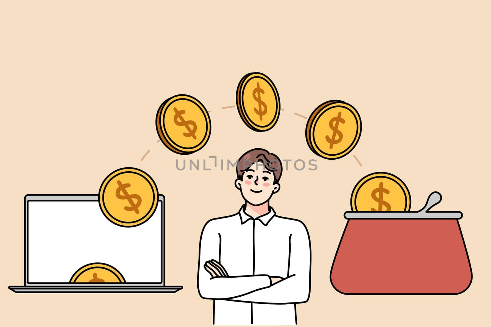 Man looking at golden coins flying from laptop to wallet. Concept of online income and banking. Easy internet bank account. E-commerce and finances. Vector illustration.