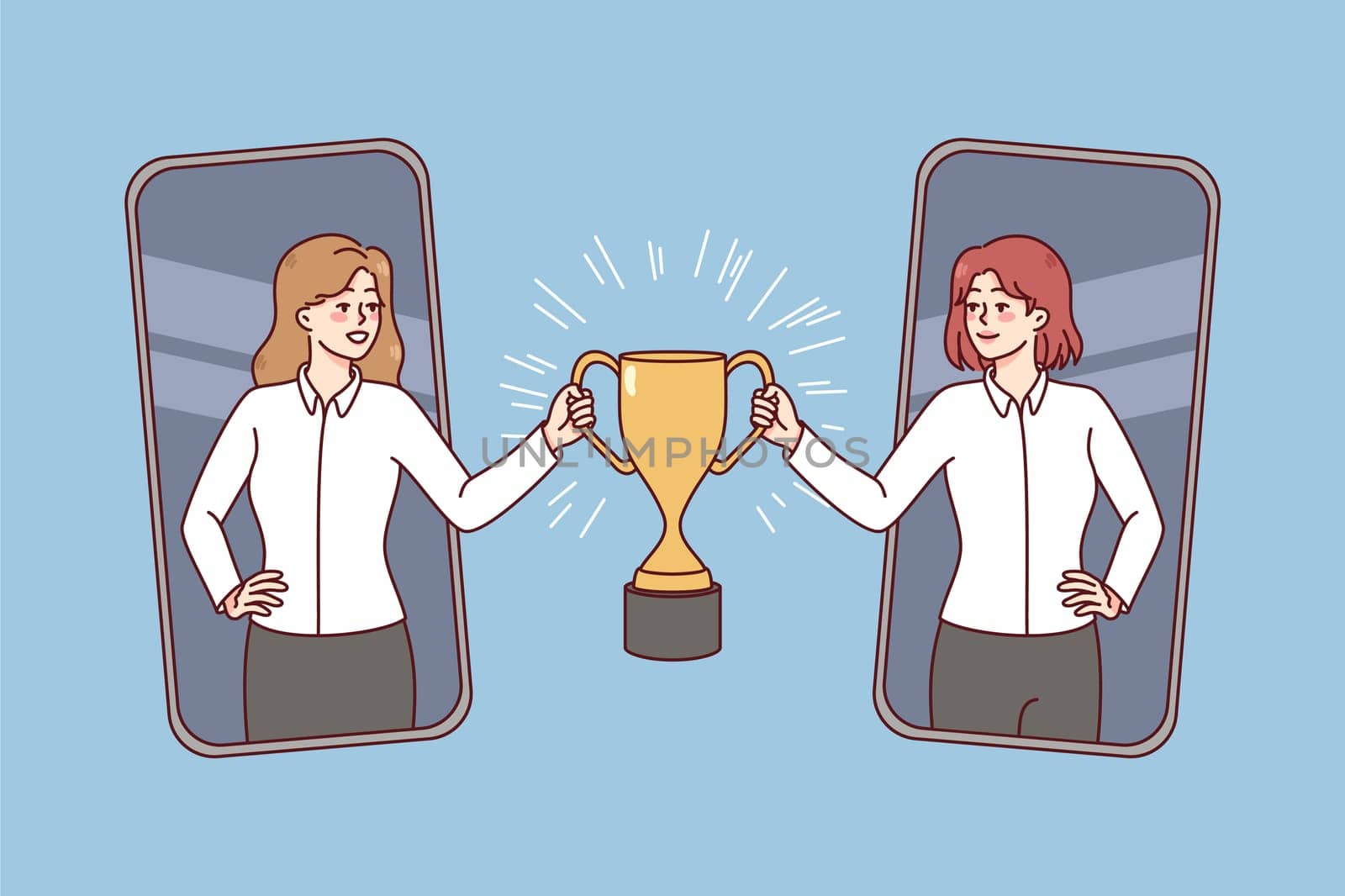 Happy businesswoman on smartphone screen stretch hand holding golden trophy together. Successful remote deal and online agreement. Flat vector illustration.