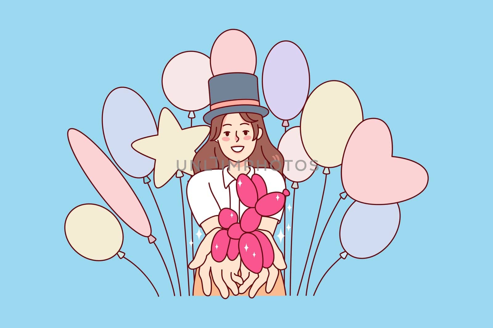 Smiling young woman selling balloons. Happy female seller promoting helium balloons and figures. Flat vector illustration.