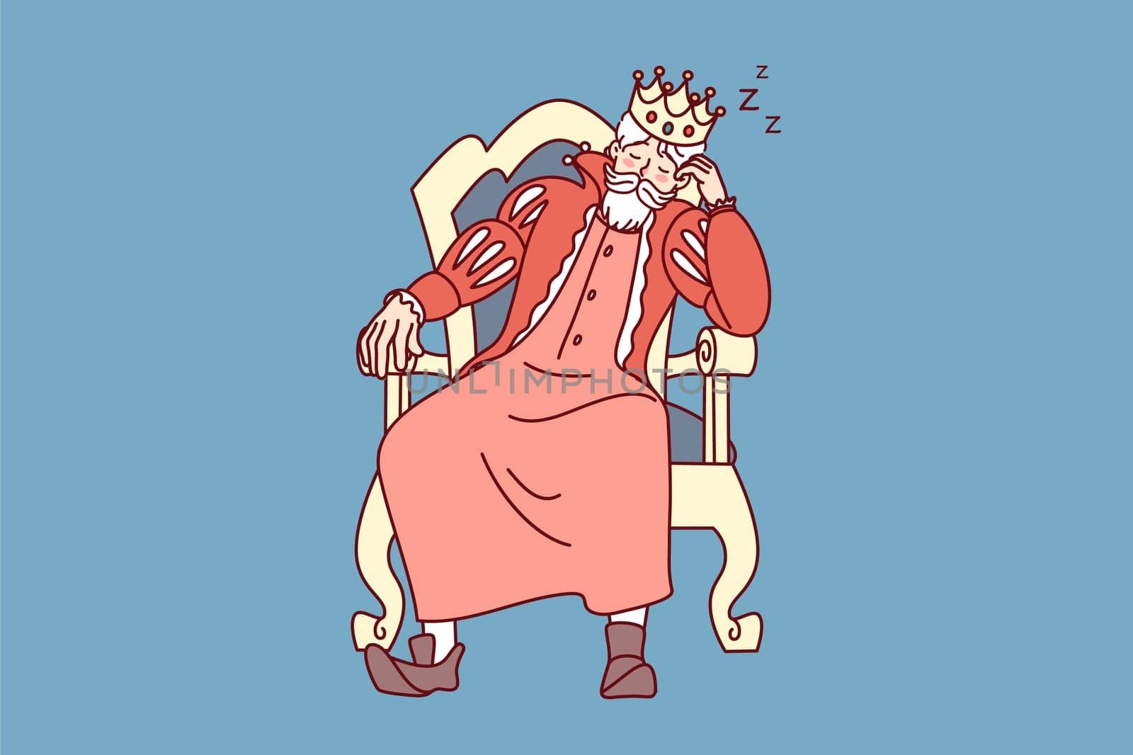 Bored king with crown on head fall asleep in chair. Tired monarch sleeping in armchair. Exhaustion and fatigue. Vector illustration.