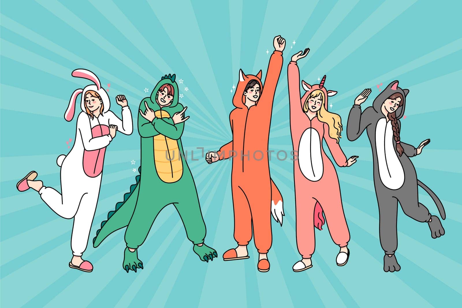 Happy people in funny animal costumes dancing and having fun. Friendship and partying. Flat vector illustration.