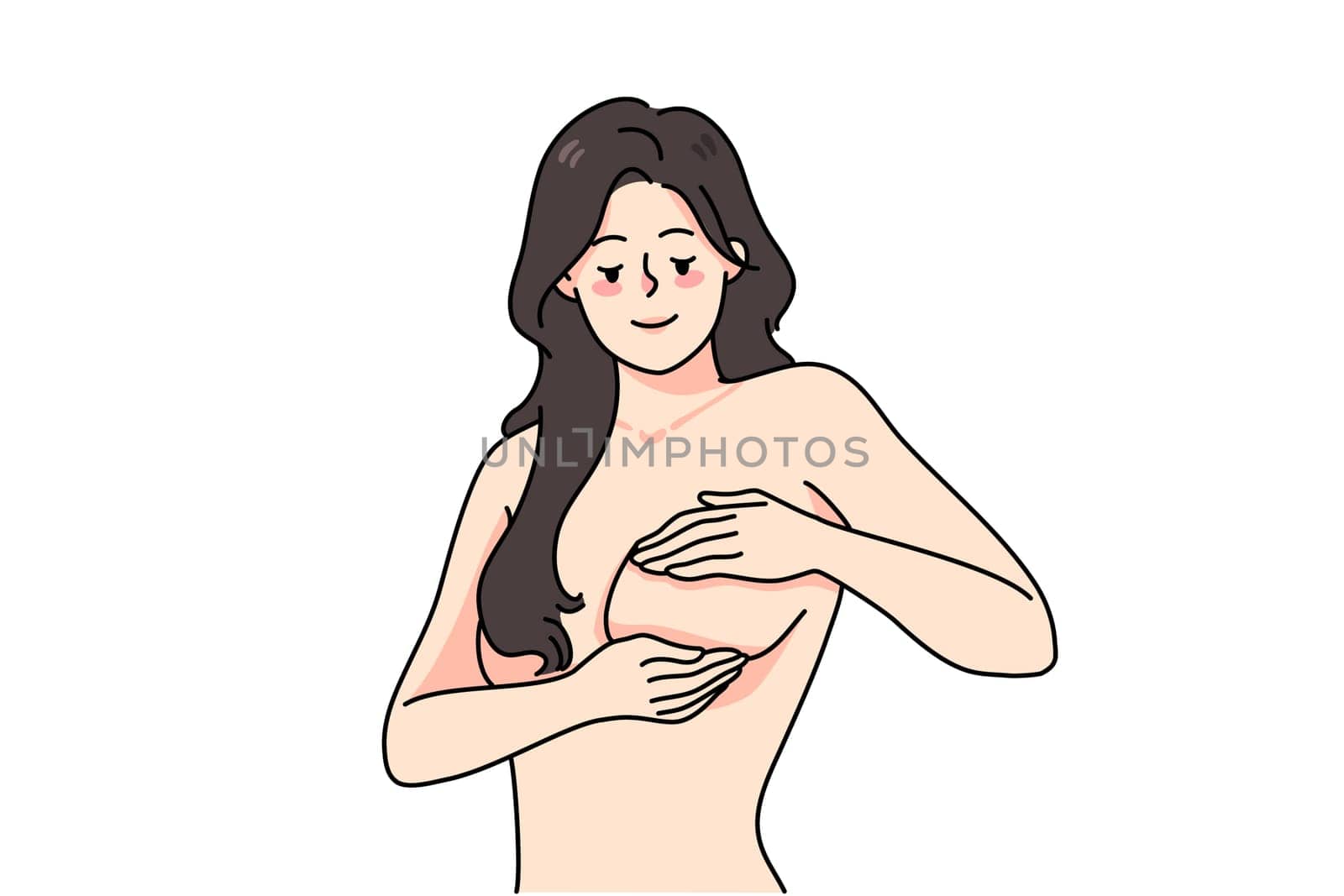 Young woman touching breast preventing cancer. Female doing self-examination for diagnosis or prevention of oncology. Healthcare and medicine concept. Vector illustration.