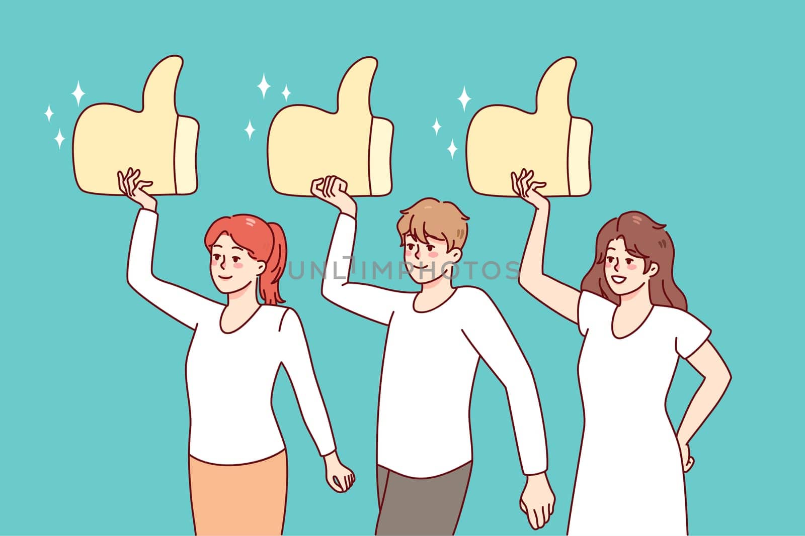 Diverse people holding huge like signs, giving good review to service. Clients or customers rate showing satisfaction. Feedback concept. Vector illustration.