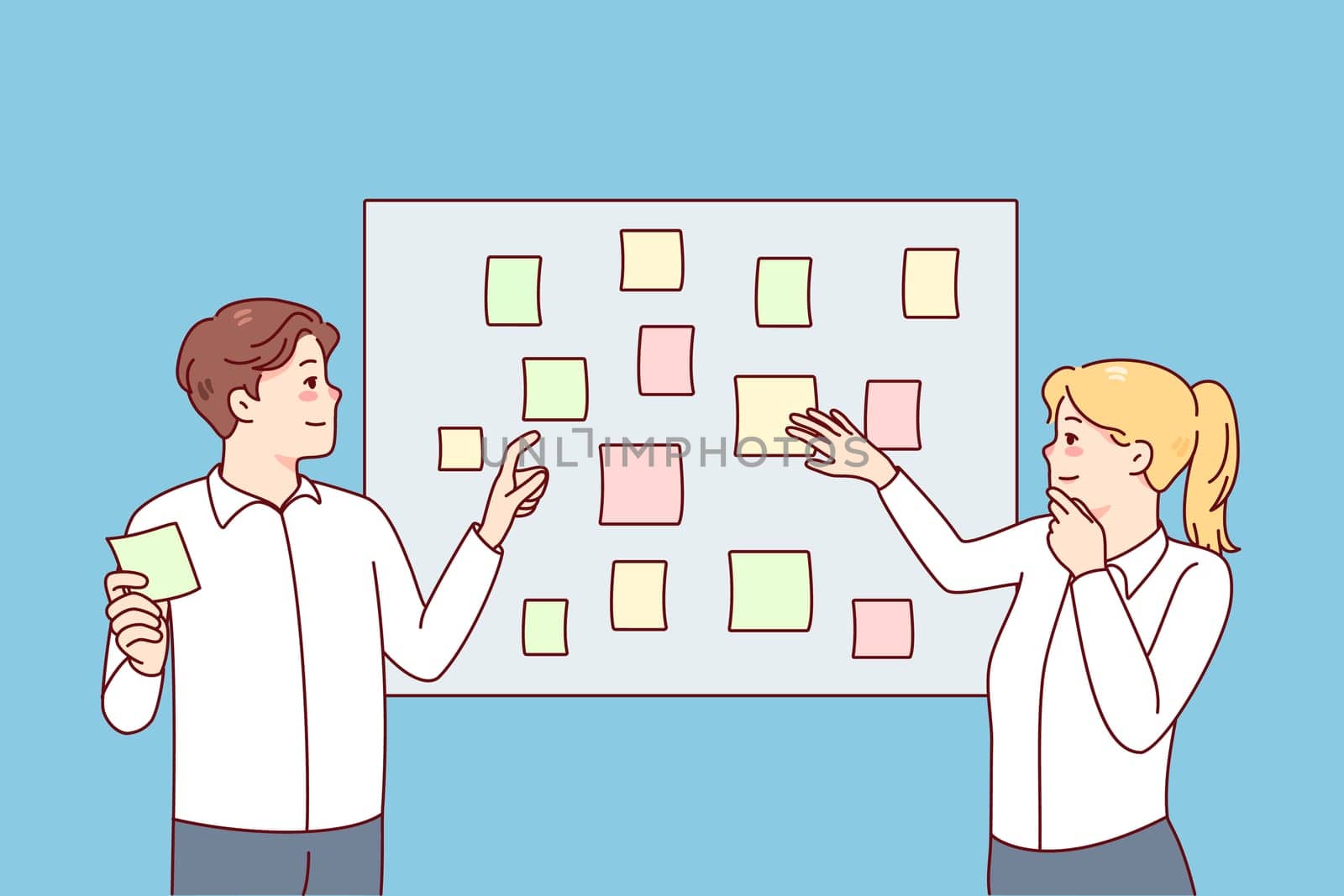 Employees brainstorm engaged in creative thinking in office. Businesspeople work with sticker planning tasks together at meeting. Teamwork concept. Vector illustration.