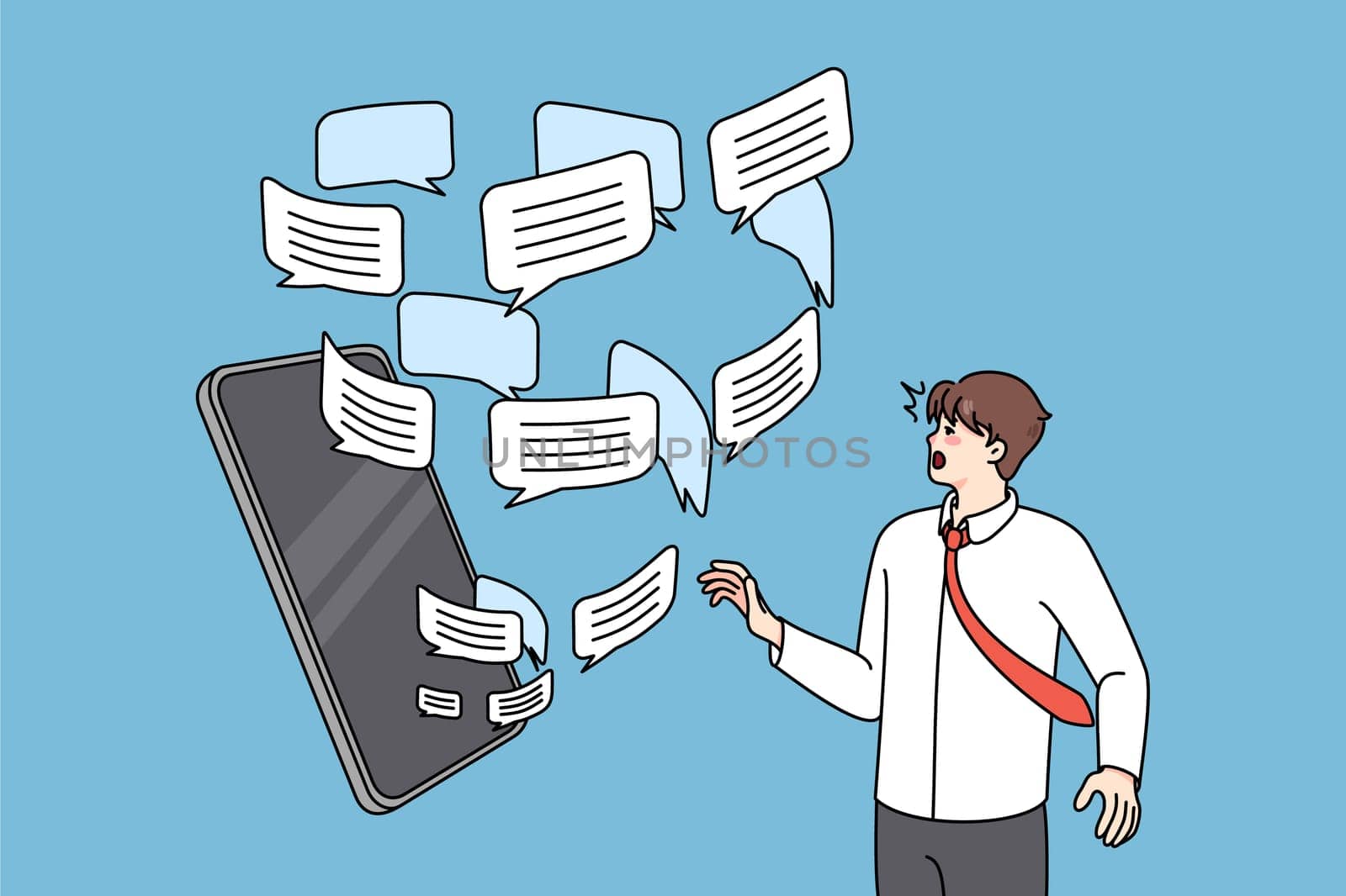 Man overwhelmed with email notification emails and messages on cellphone. Anxious male bothered with spam on smartphone. Flat vector illustration.