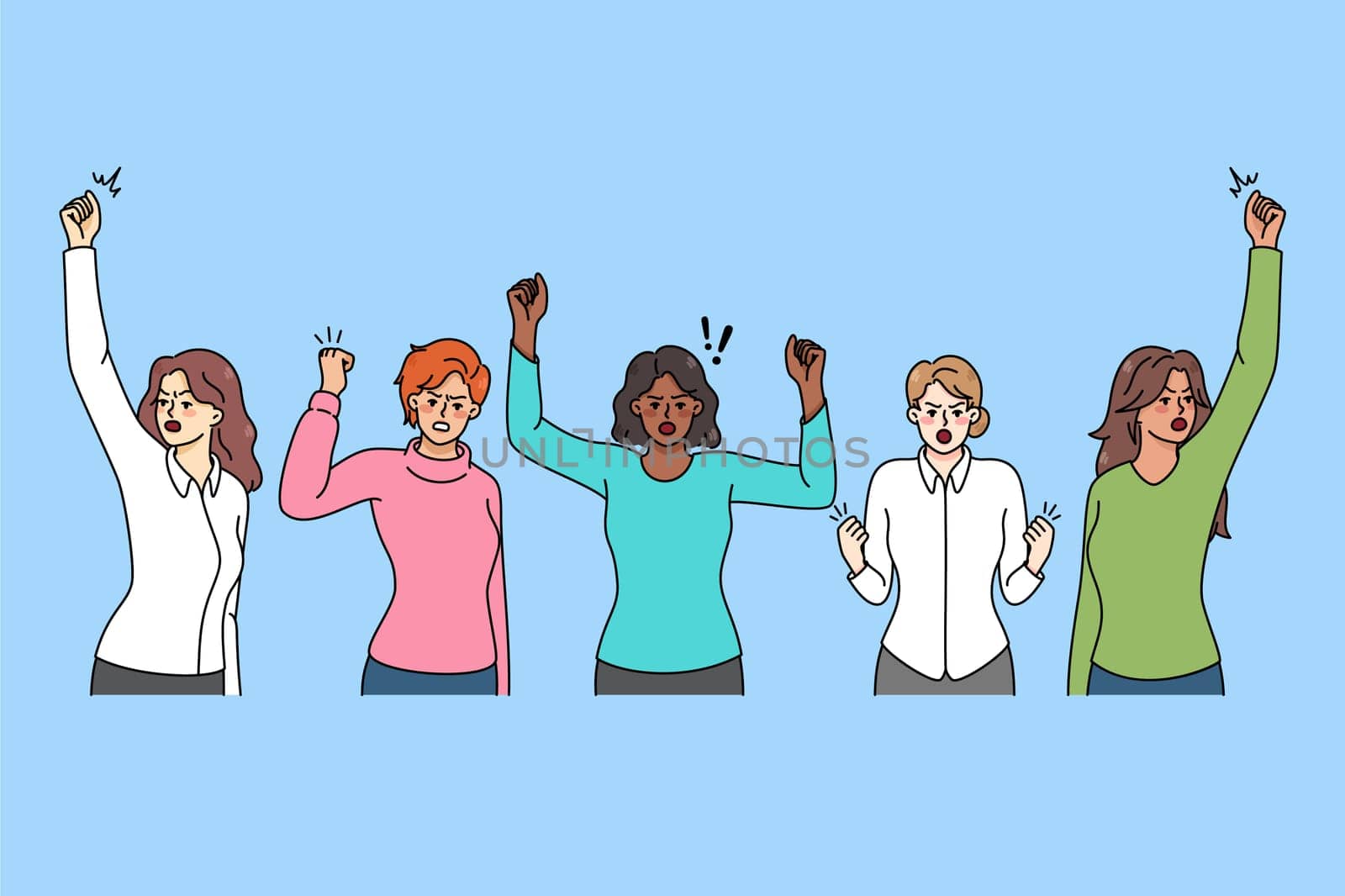 Diverse multiethnic women on demonstration against gender discrimination. Determined multiracial females strike for equal rights. Flat vector illustration.