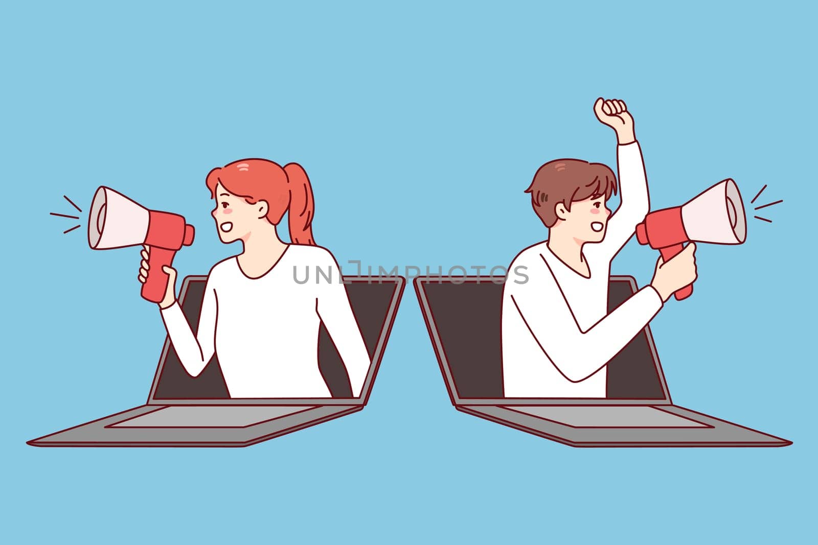 People with megaphones screaming about promotion or discount deal from laptops. Man and woman with loudspeakers promote sale or campaign. Vector illustration.