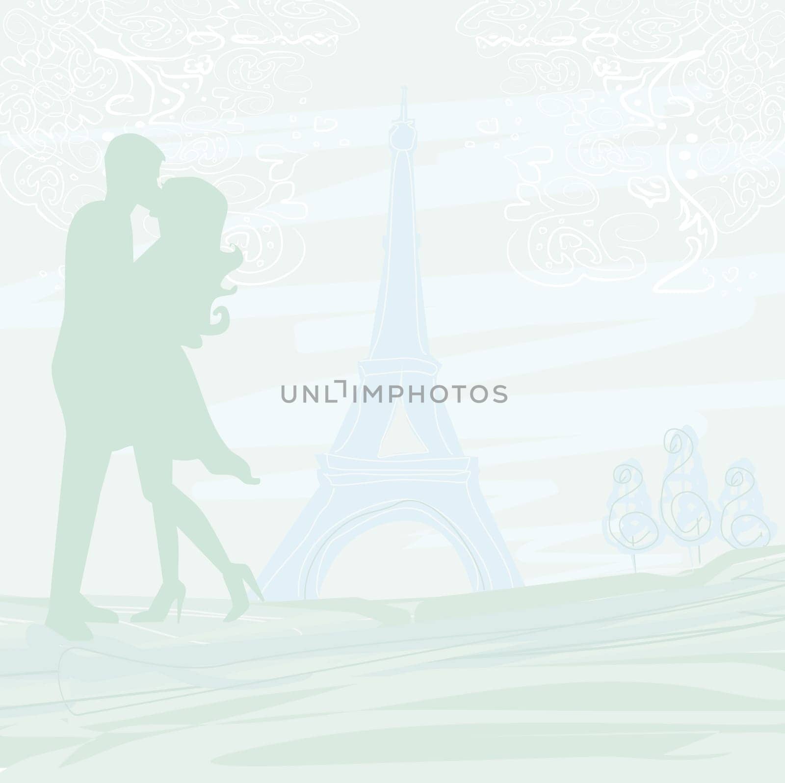 Romantic couple in Paris kissing near the Eiffel Tower Retro card