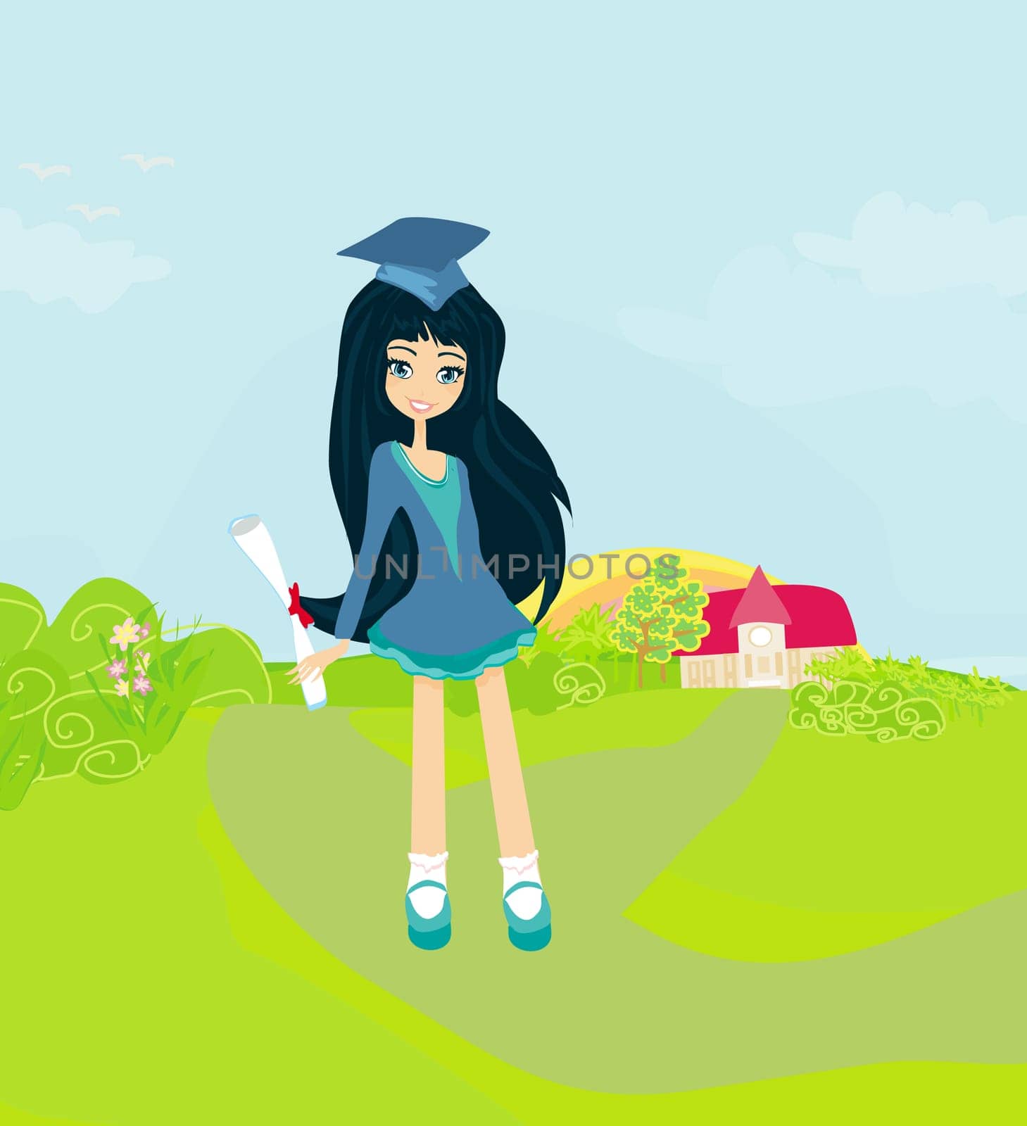 Illustration of a Kid Holding Her Diploma