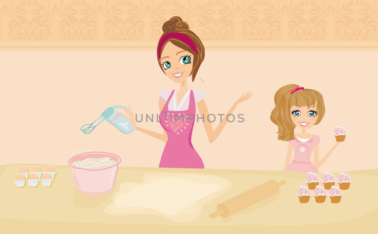 Happy mother helping her daughter cooking in the kitchen