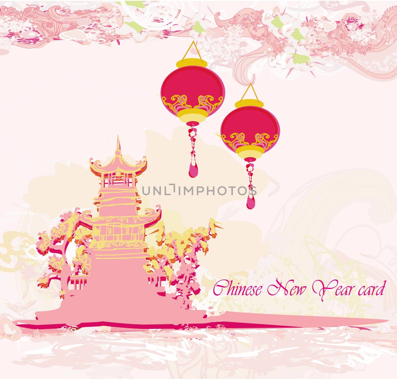 old paper with Asian Landscape and Chinese Lanterns - vintage japanese style background