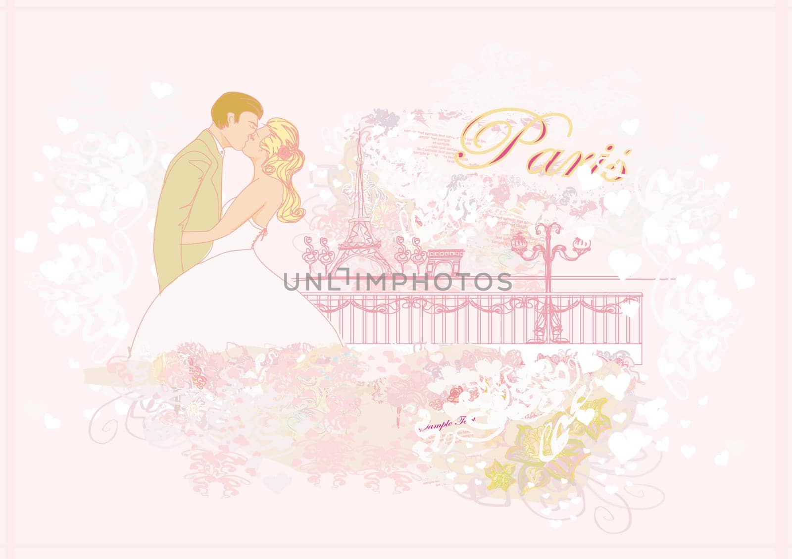 Romantic wedding couple in Paris kissing near the Eiffel Tower. Retro card.