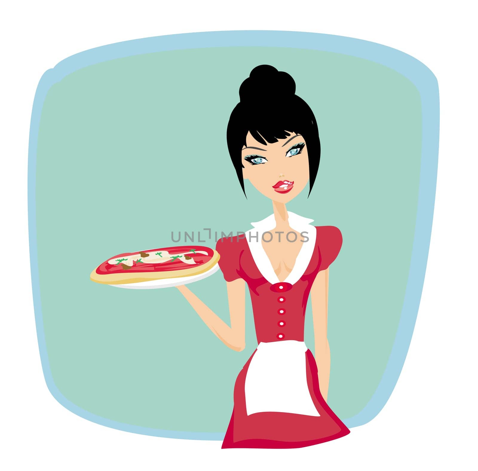 sweet girl waitress serving pizza