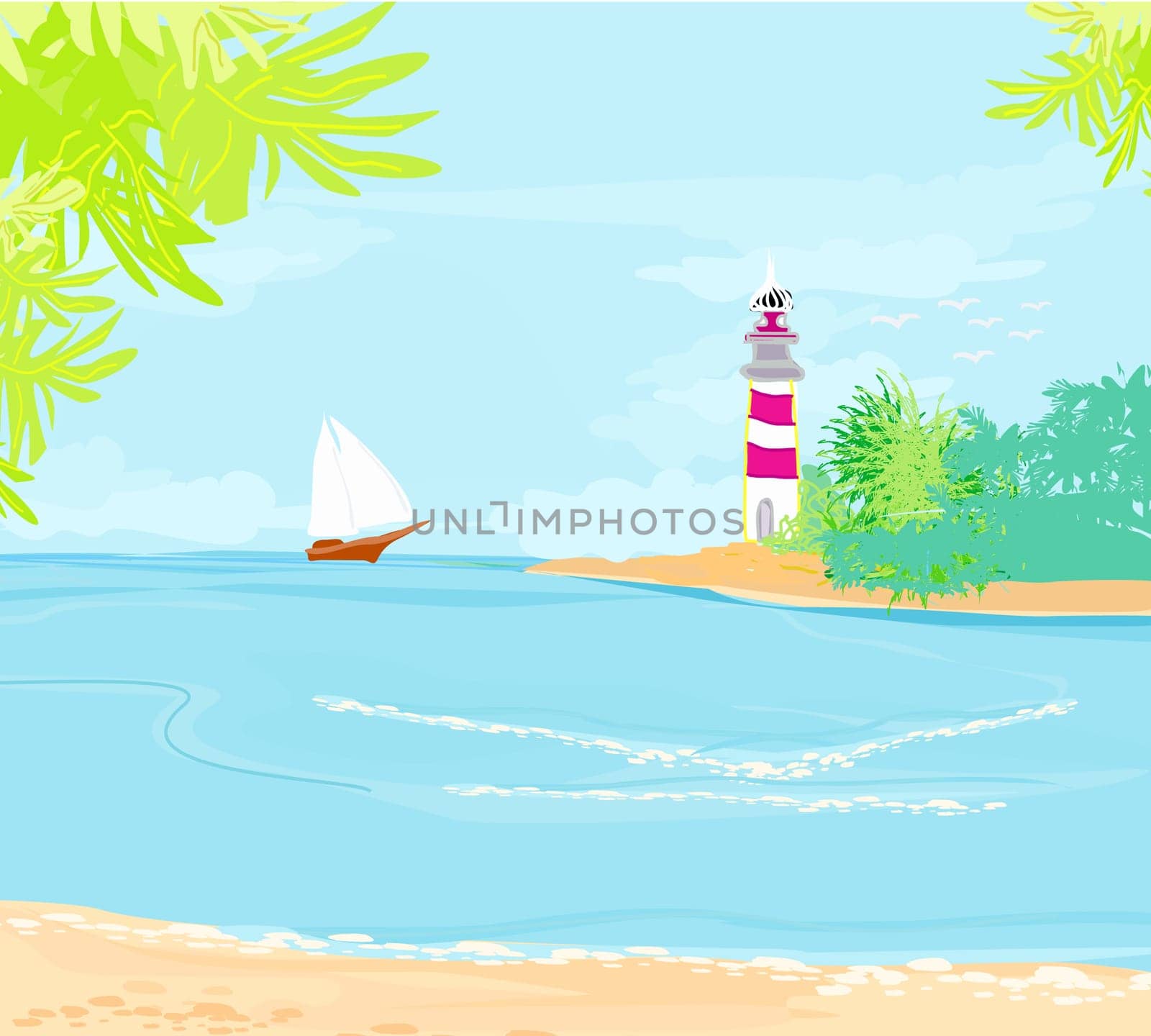 lighthouse seen from a tiny beach
