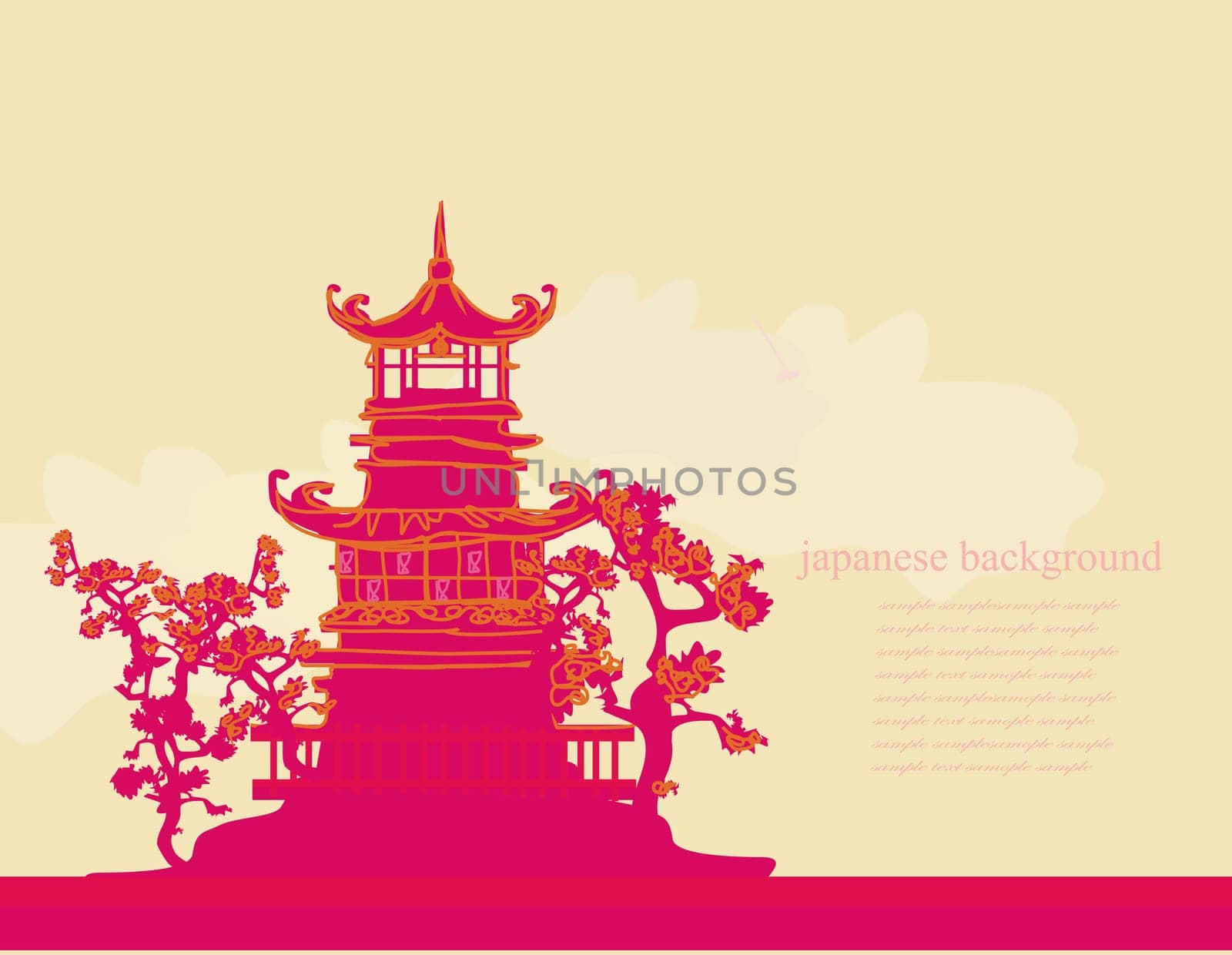 old paper with Japanese Temple on Asian Landscape
