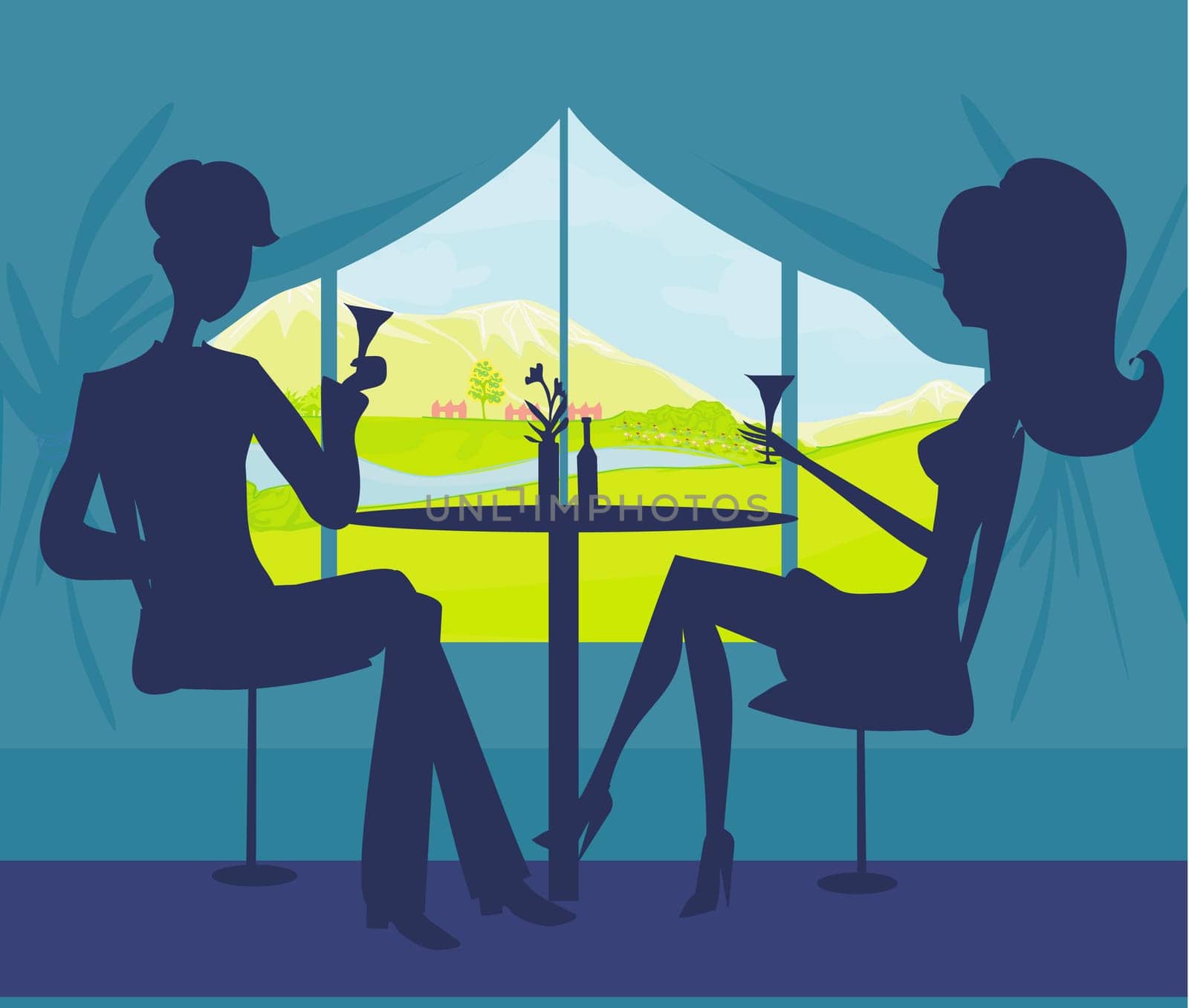 Young couple silhouette flirt and drink champagne in restaurant