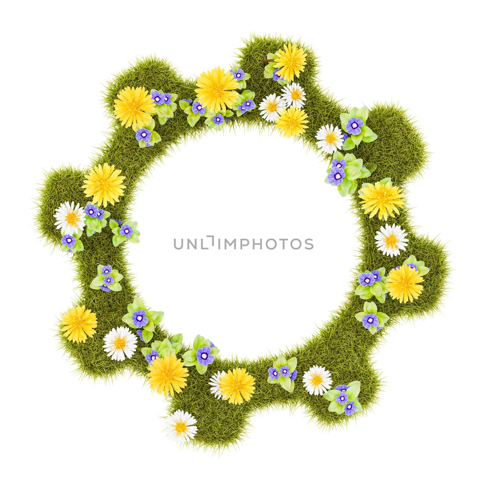 Flowery Grassy Gear Symbol Shape Isolated on White Background 3D Illustration