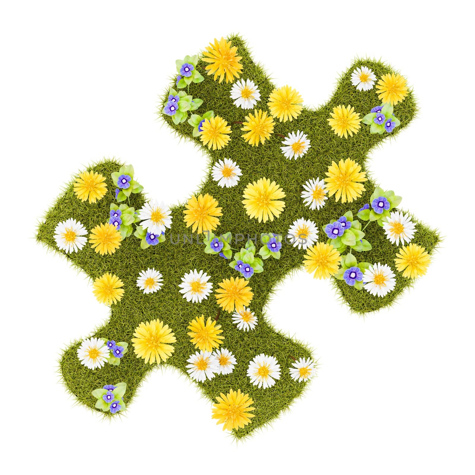 Flowery Grassy Puzzle Piece Shape Isolated on White Background 3D Illustration