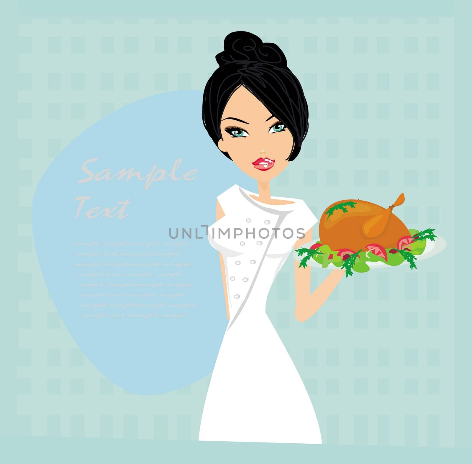 Beautiful Waitress serving a chicken - card