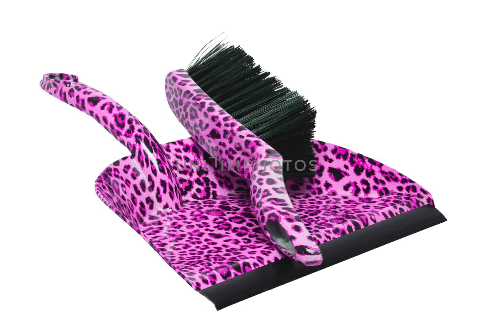 Household cleanliness and hygiene. Closeup of a Dustpan and hand brush isolated on white background. Macro. Household chore concept.