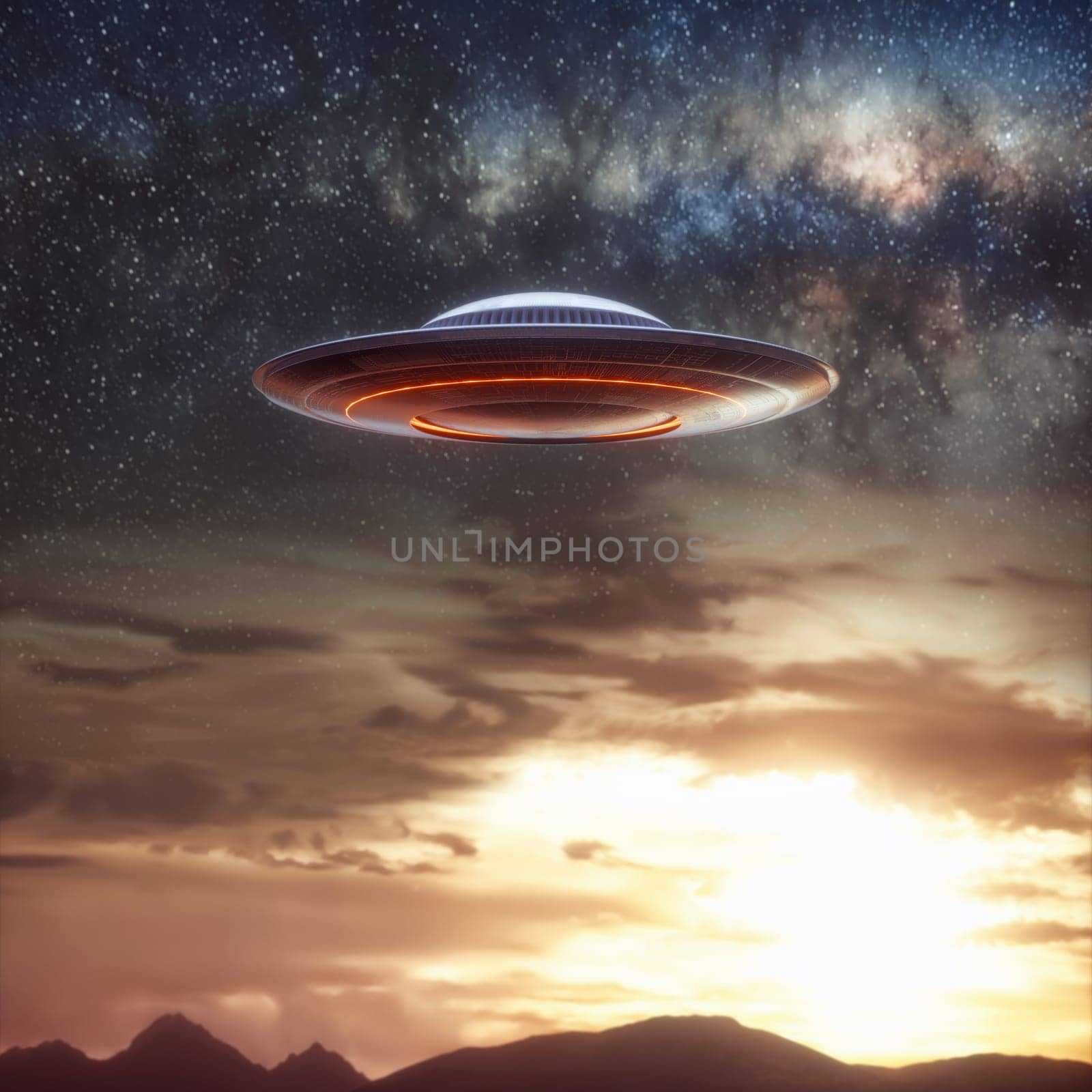 Unidentified flying object, UFO. Alien spaceship gravitating in the sky with the sun behind. 3D illustration, ufology concept.