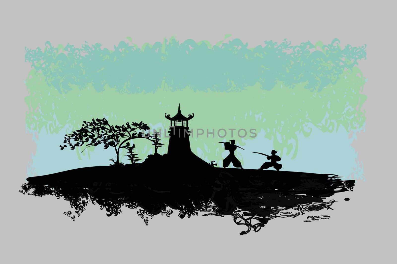 Samurai silhouette in Asian Landscape