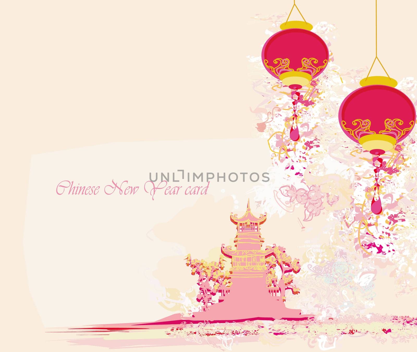 Chinese New Year card - Traditional lanterns and Asian buildings