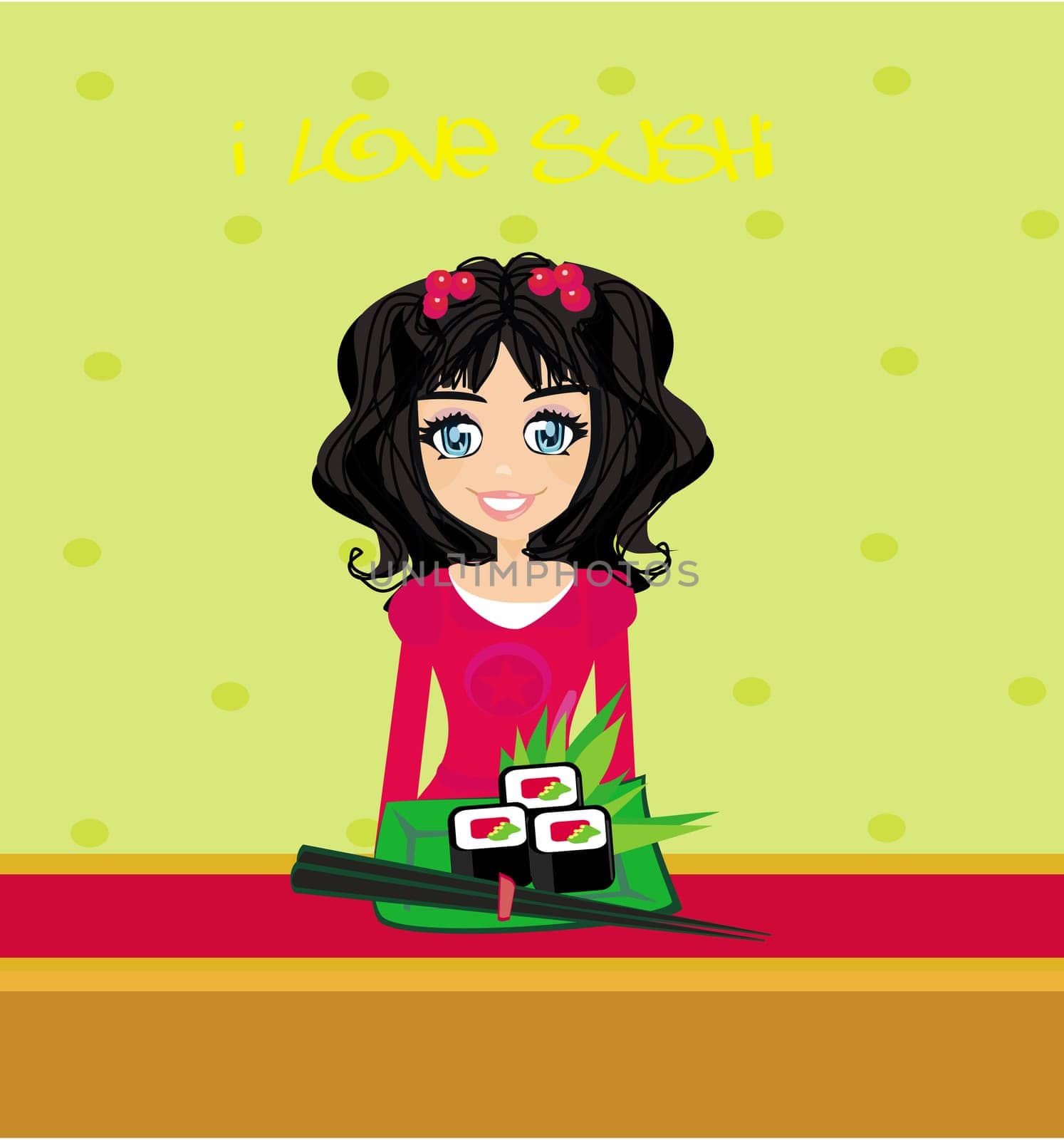 sweet Asian girl enjoy sushi - menu card