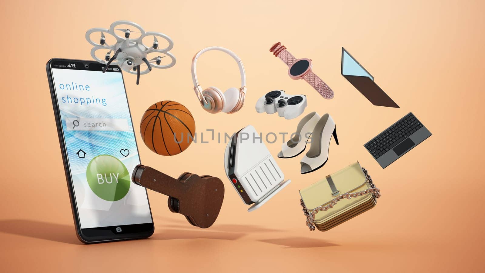Smartphone with online shopping interface and objects floating in the air. 3D illustration.