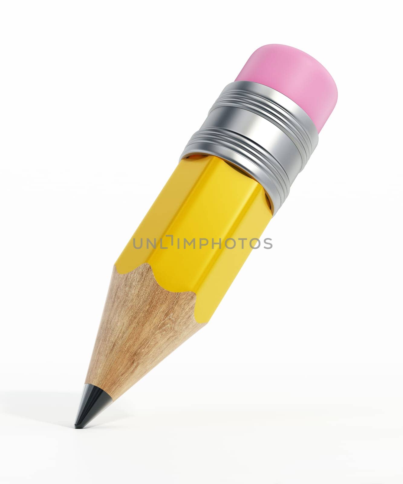 Short wooden pencil with eraser isolated on white background. 3D illustration.