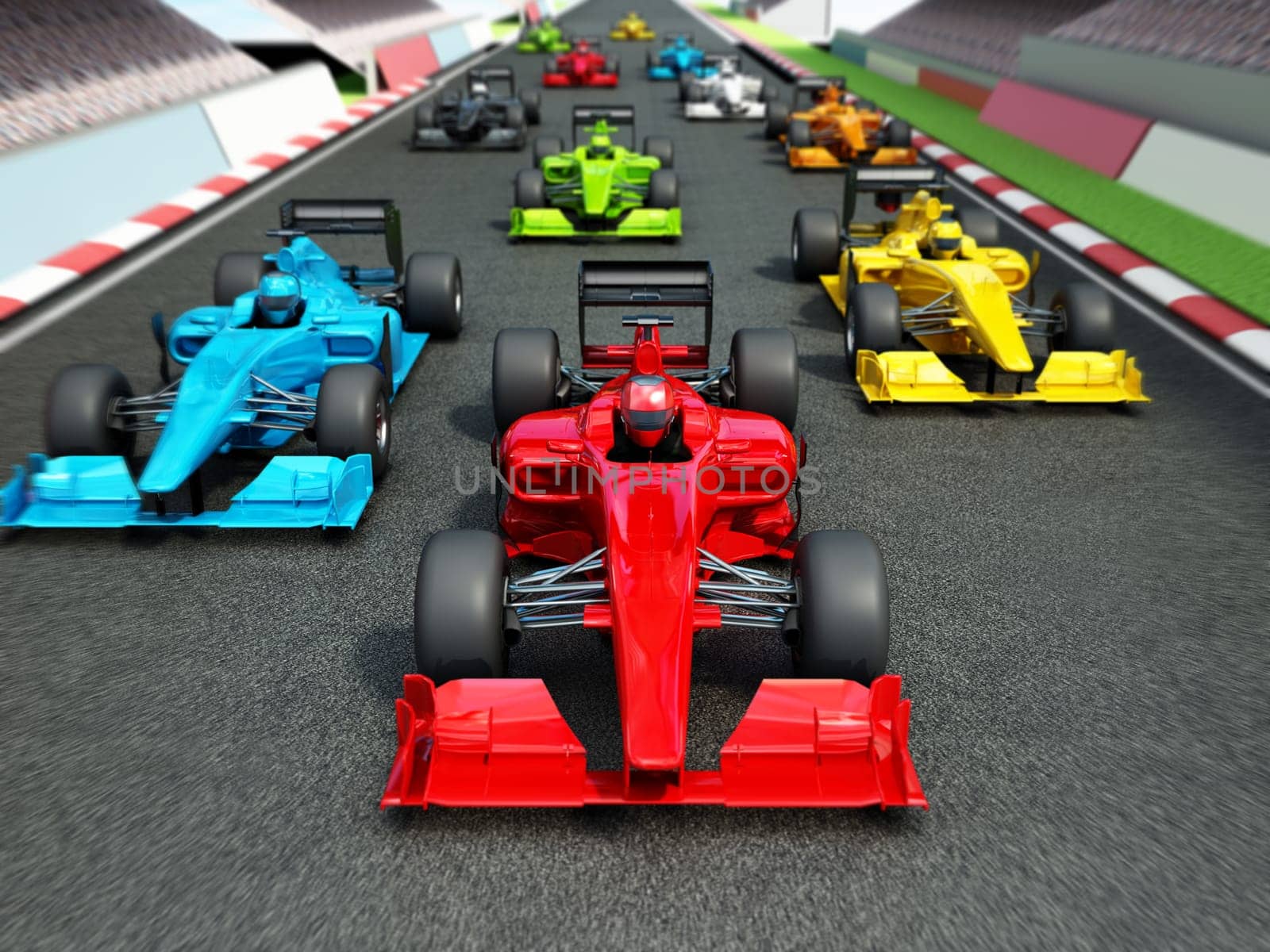 Brandless racing cars on the race track. 3D illustration.