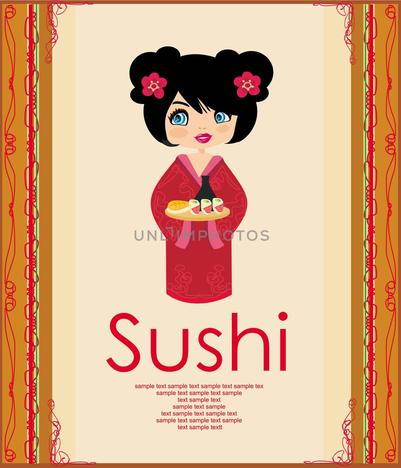 beautiful Asian girl enjoy sushi - menu template