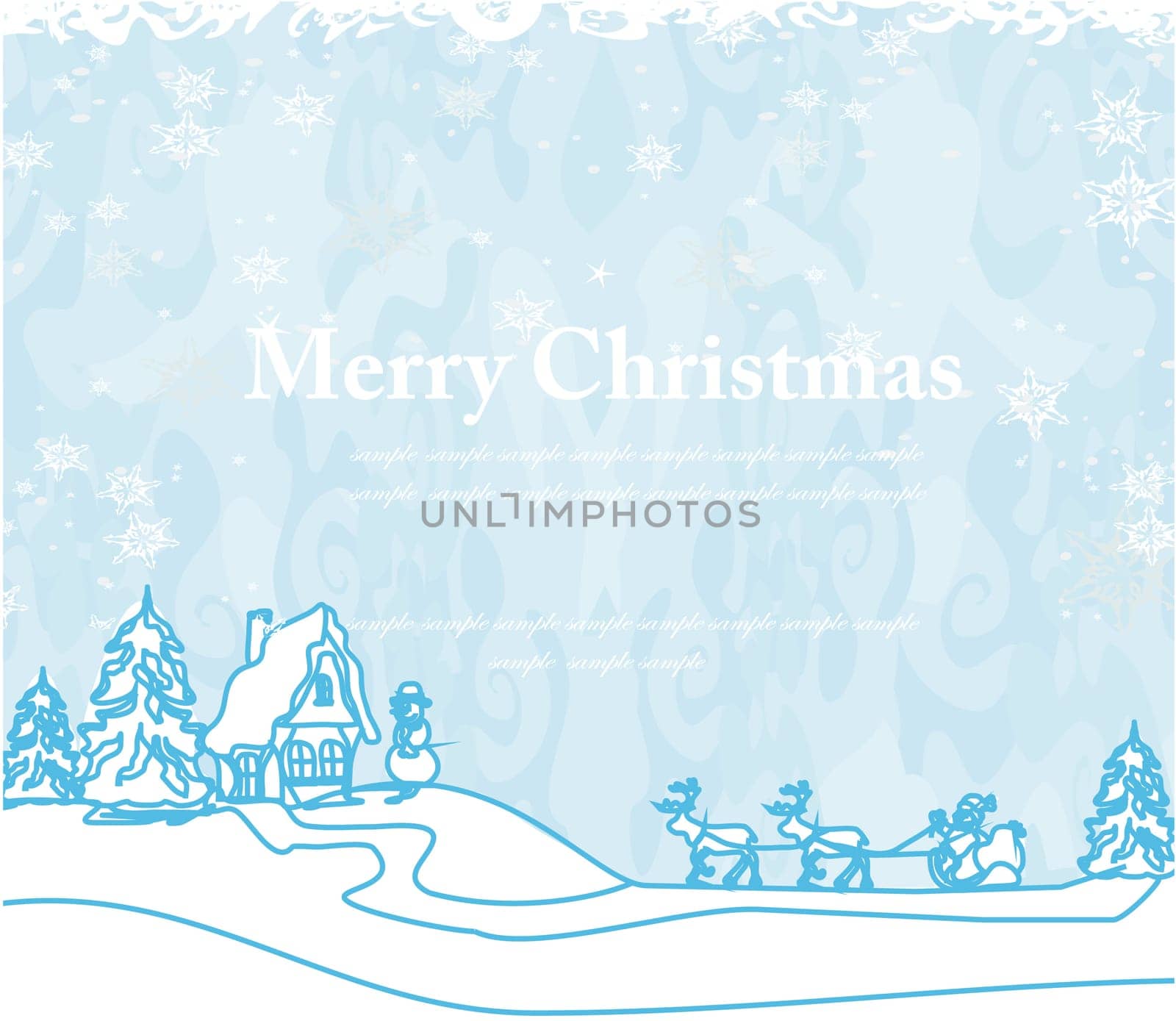 Happy New year card with Santa and winter landscape